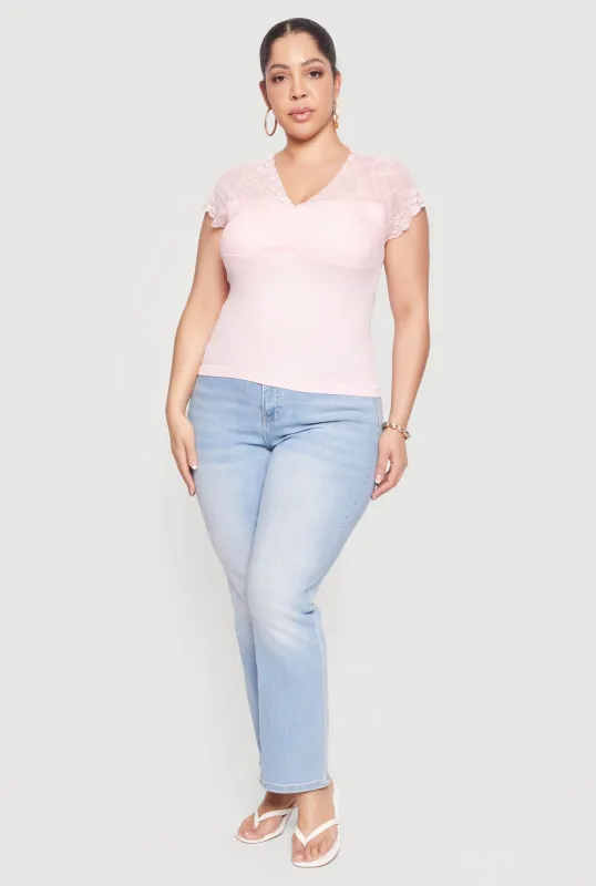 Plus Size Lace Overlay Cap Sleeve V-Neck Top sold by Rainbow