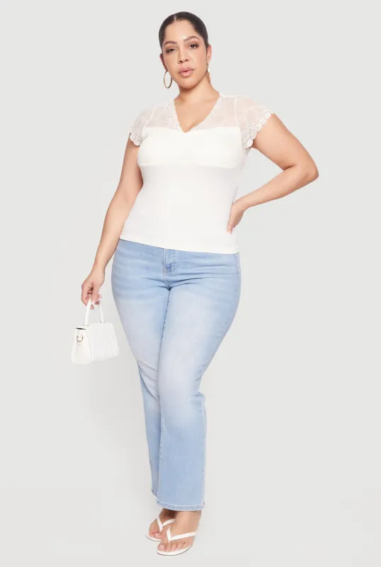 Plus Size Lace Overlay Cap Sleeve V-Neck Top sold by Rainbow