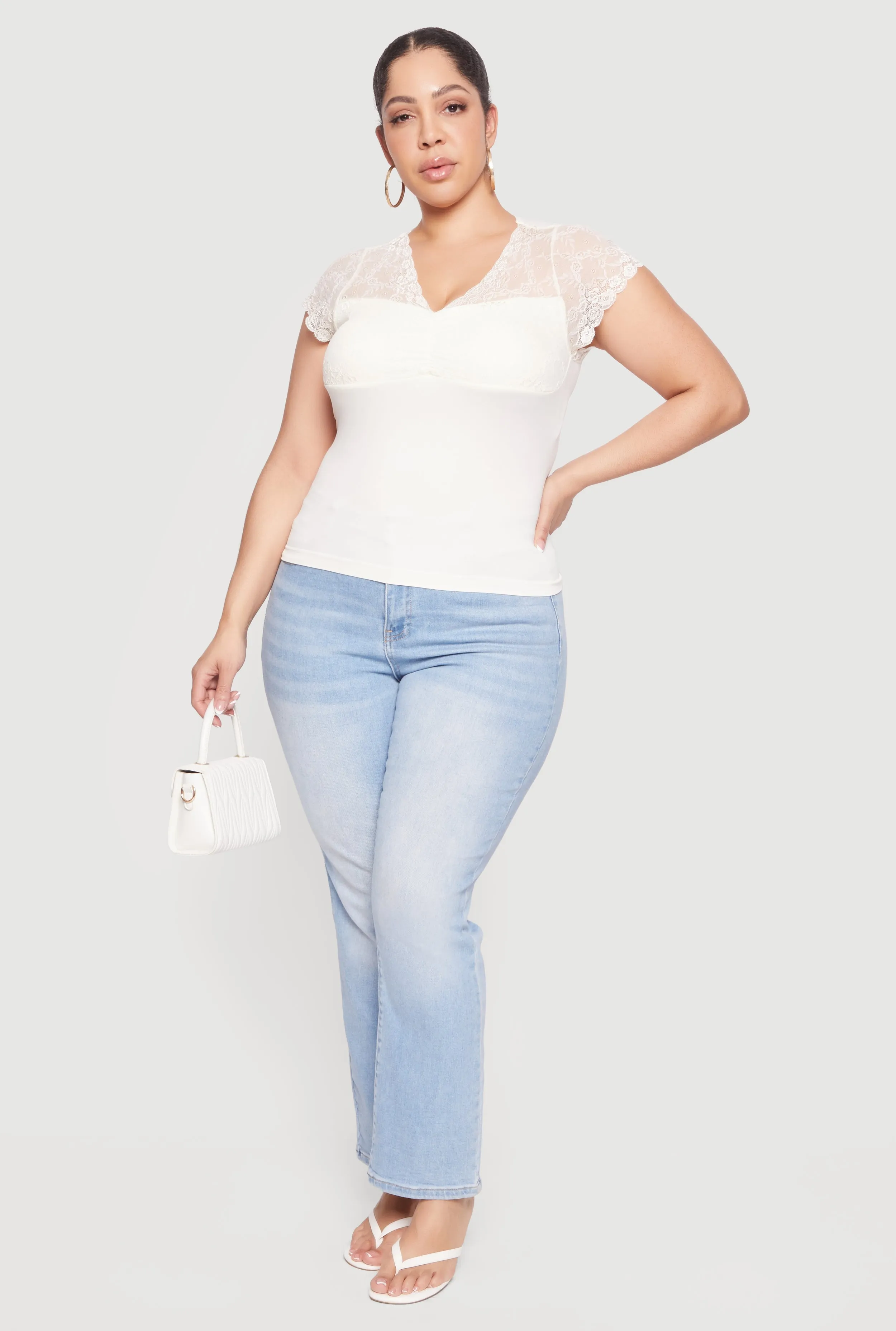 Plus Size Lace Overlay Cap Sleeve V-Neck Top sold by Rainbow