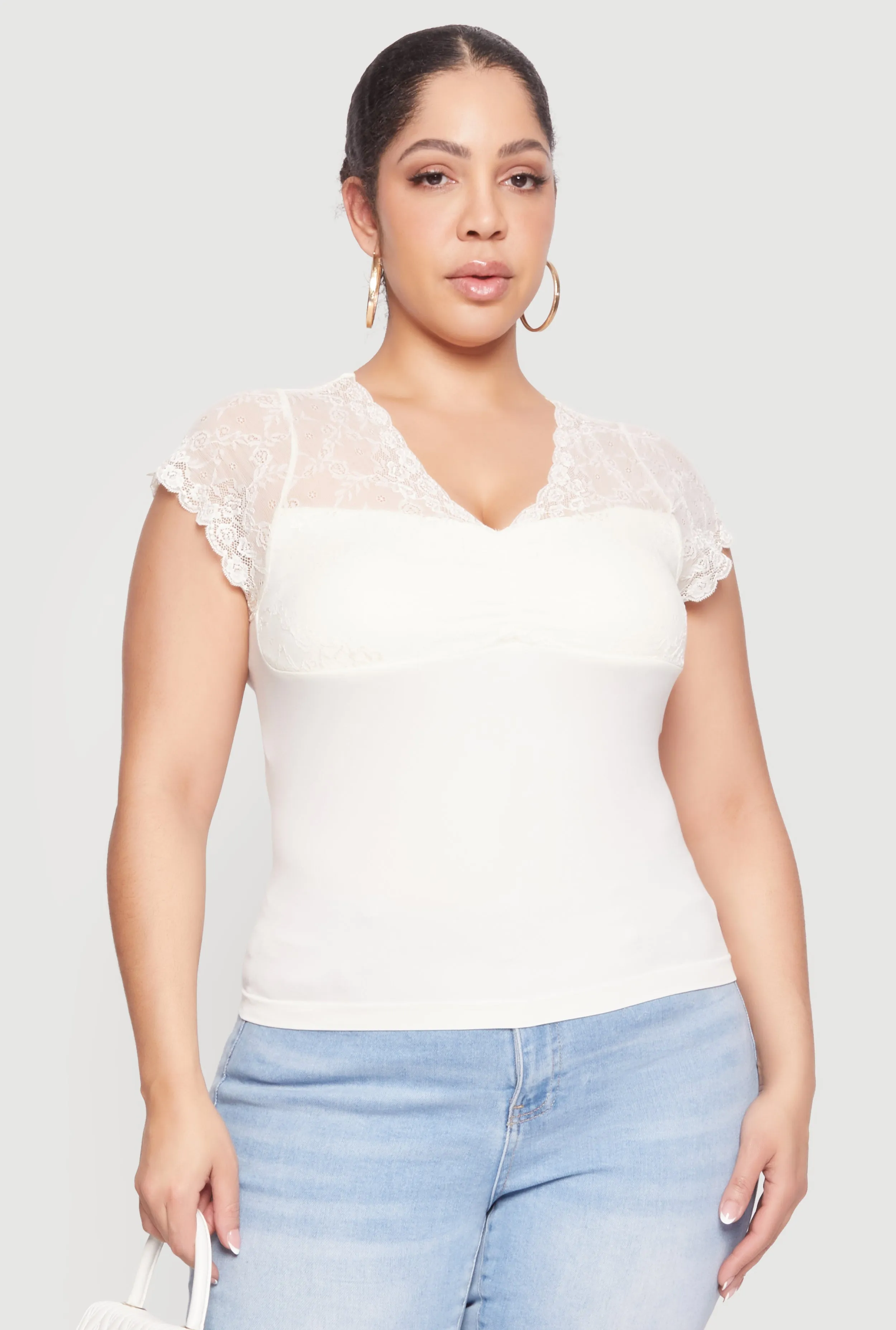 Plus Size Lace Overlay Cap Sleeve V-Neck Top sold by Rainbow product image thumbnail 2