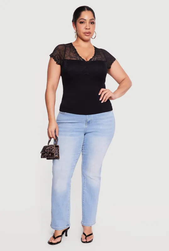 Plus Size Lace Overlay Cap Sleeve V-Neck Top sold by Rainbow