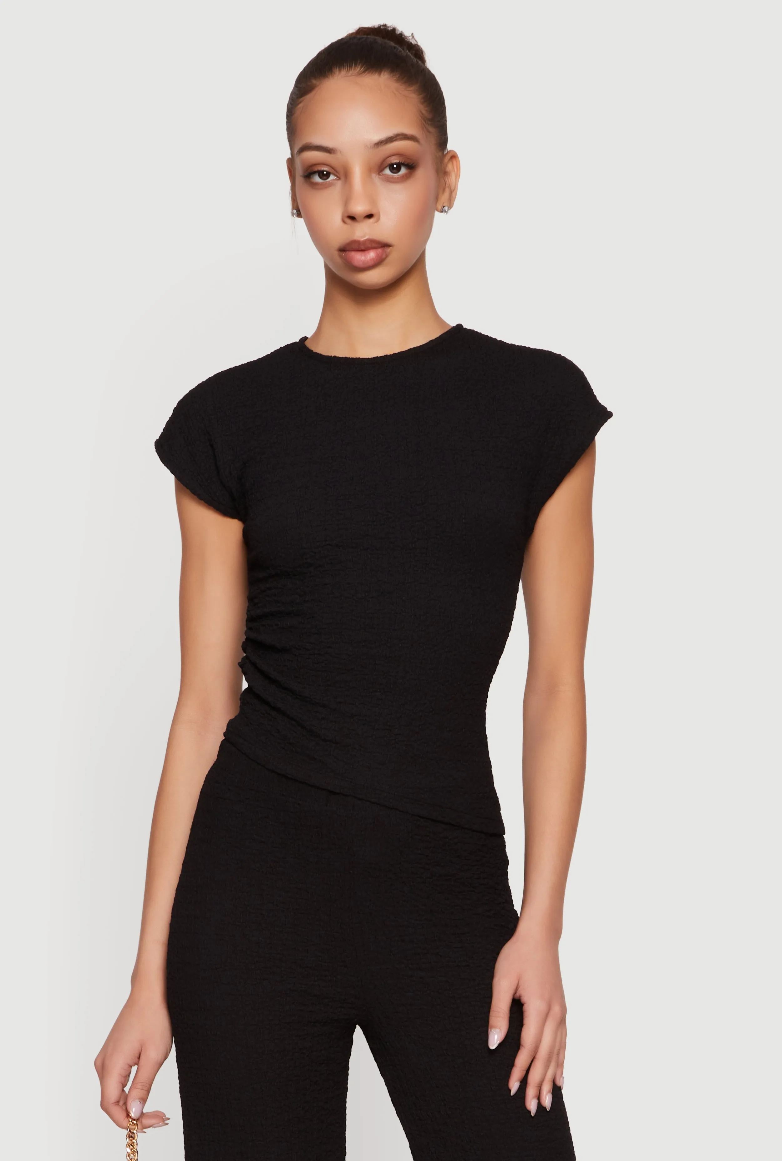 Textured Knit Asymmetrical Ruched Side Blouse sold by Rainbow product image thumbnail 4