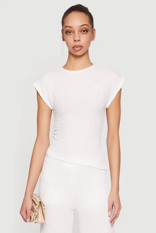 Textured Knit Asymmetrical Ruched Side Blouse made by Rainbow