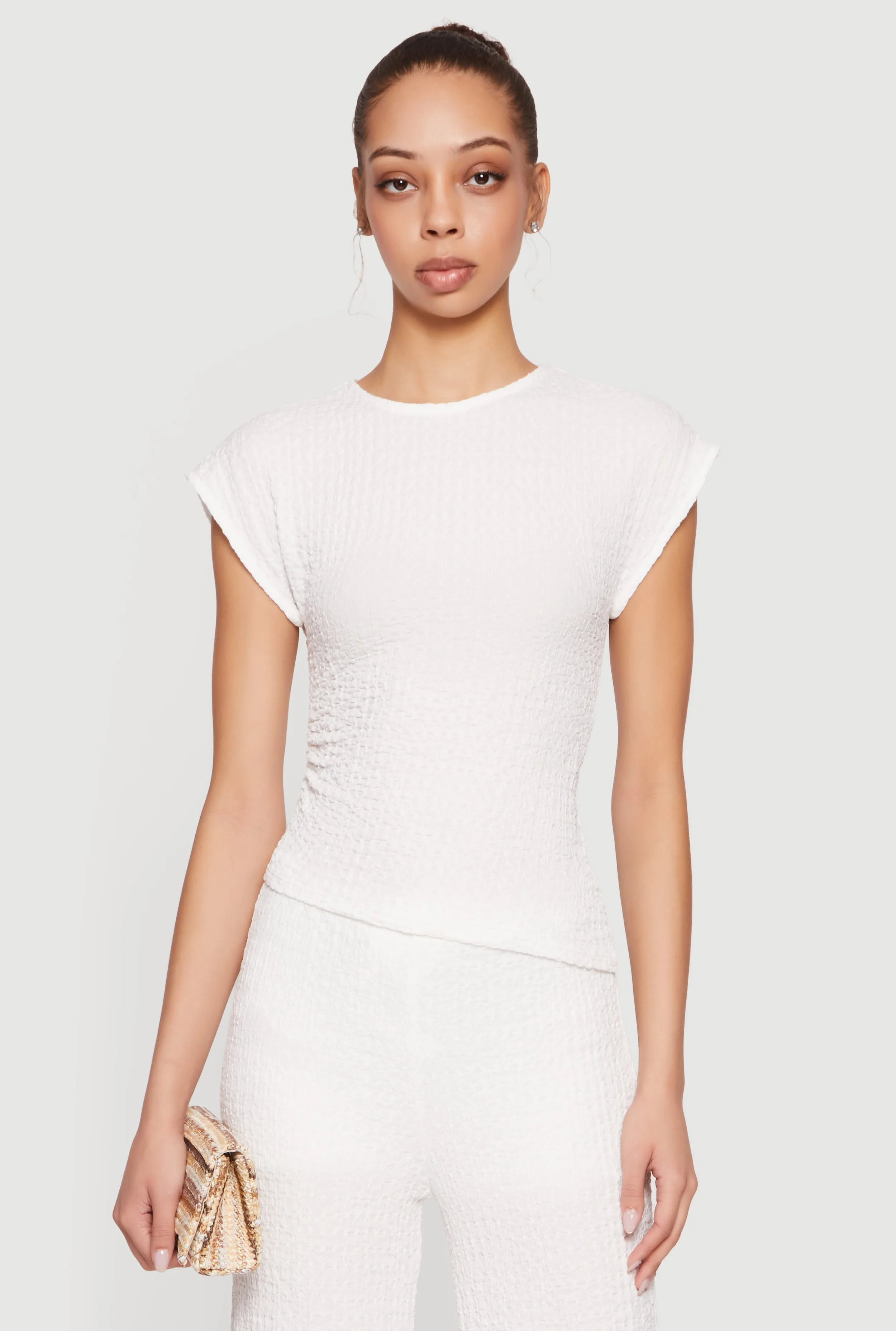 Textured Knit Asymmetrical Ruched Side Blouse sold by Rainbow