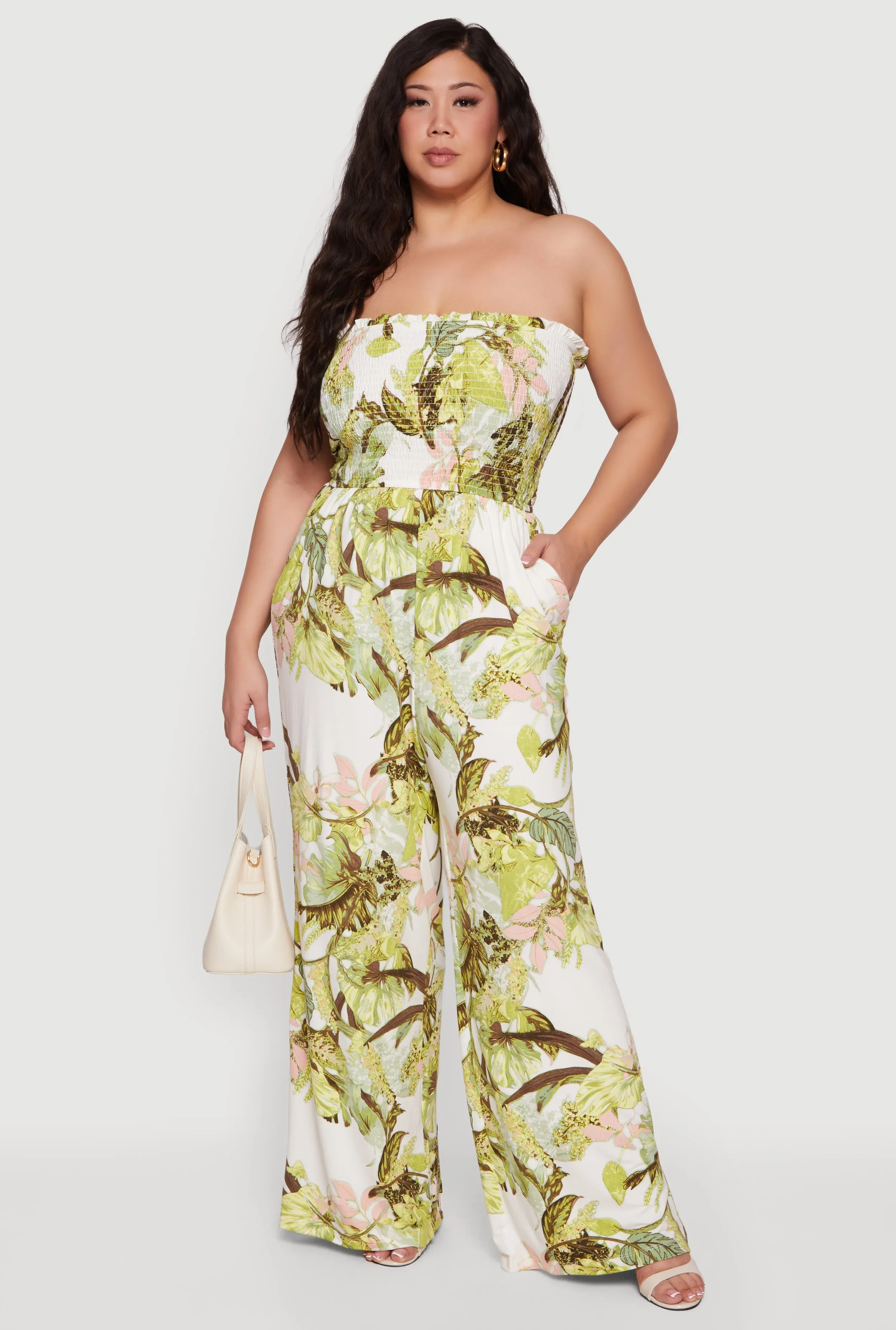 Plus Size Leaf Print Smocked Tube Jumpsuit sold by Rainbow