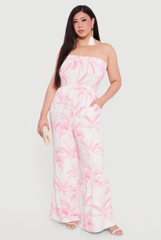 Plus Size Smocked Top Palm Tree Print Jumpsuit sold by Rainbow