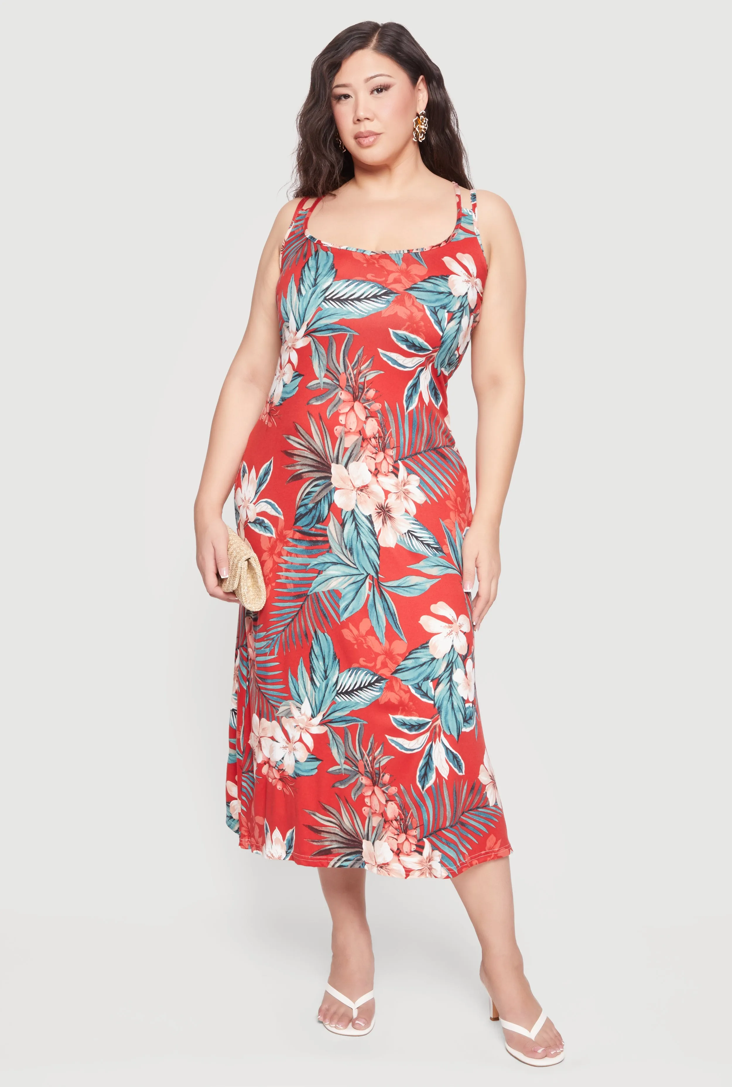 Plus Size Sleeveless Double Strap Floral Leaf Print Dress sold by Rainbow