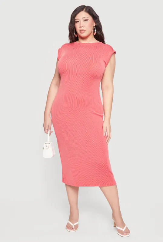 Plus Size Ribbed Knit High Neck Midi Dress made by Rainbow