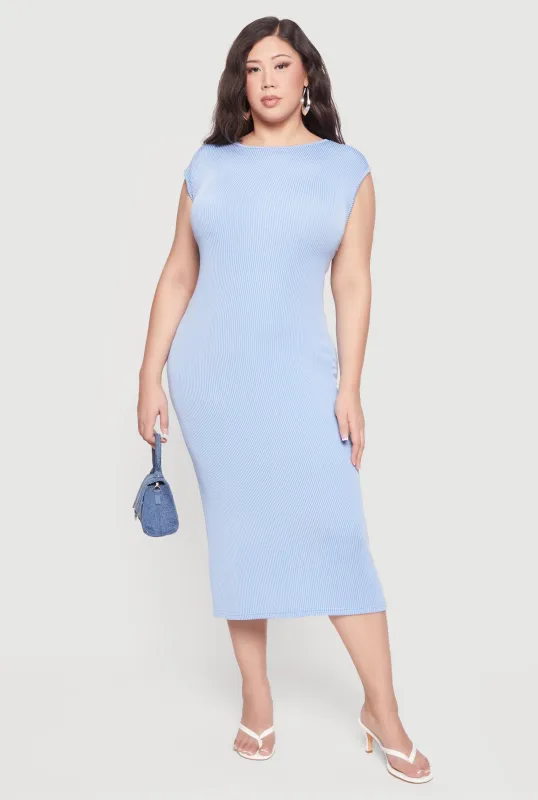 Plus Size Ribbed Knit High Neck Midi Dress made by Rainbow