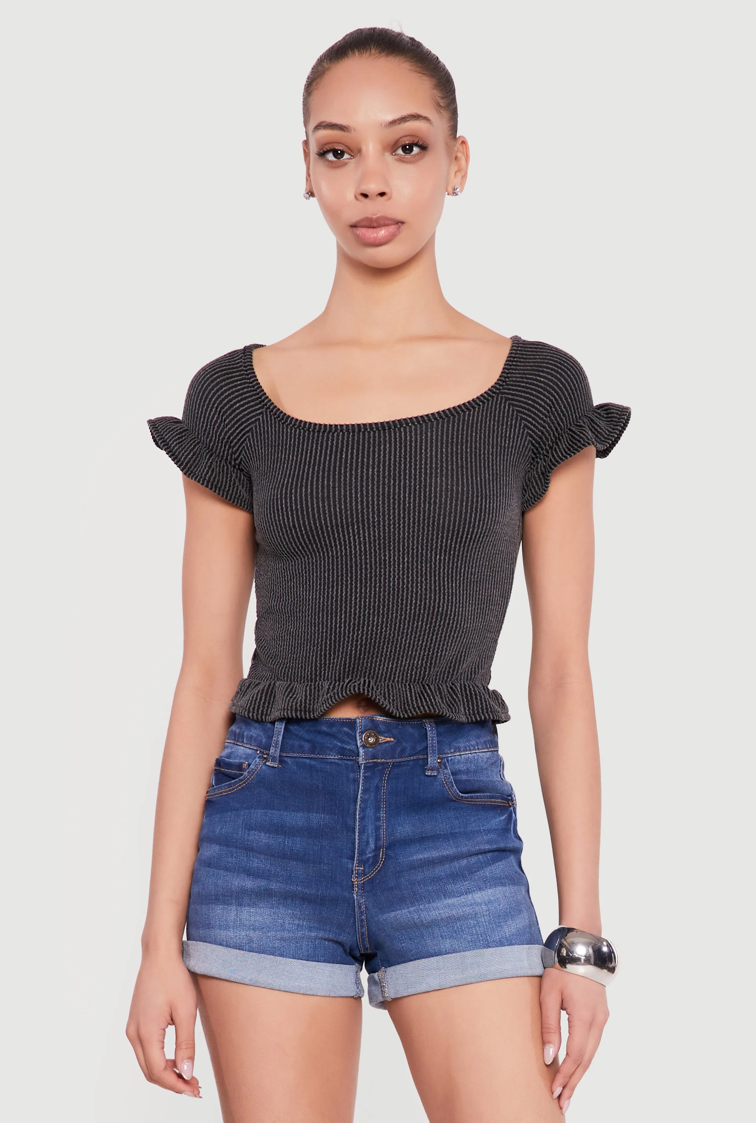 Ribbed Knit Ruffled Hem Scoop Neck Top sold by Rainbow product image thumbnail 2