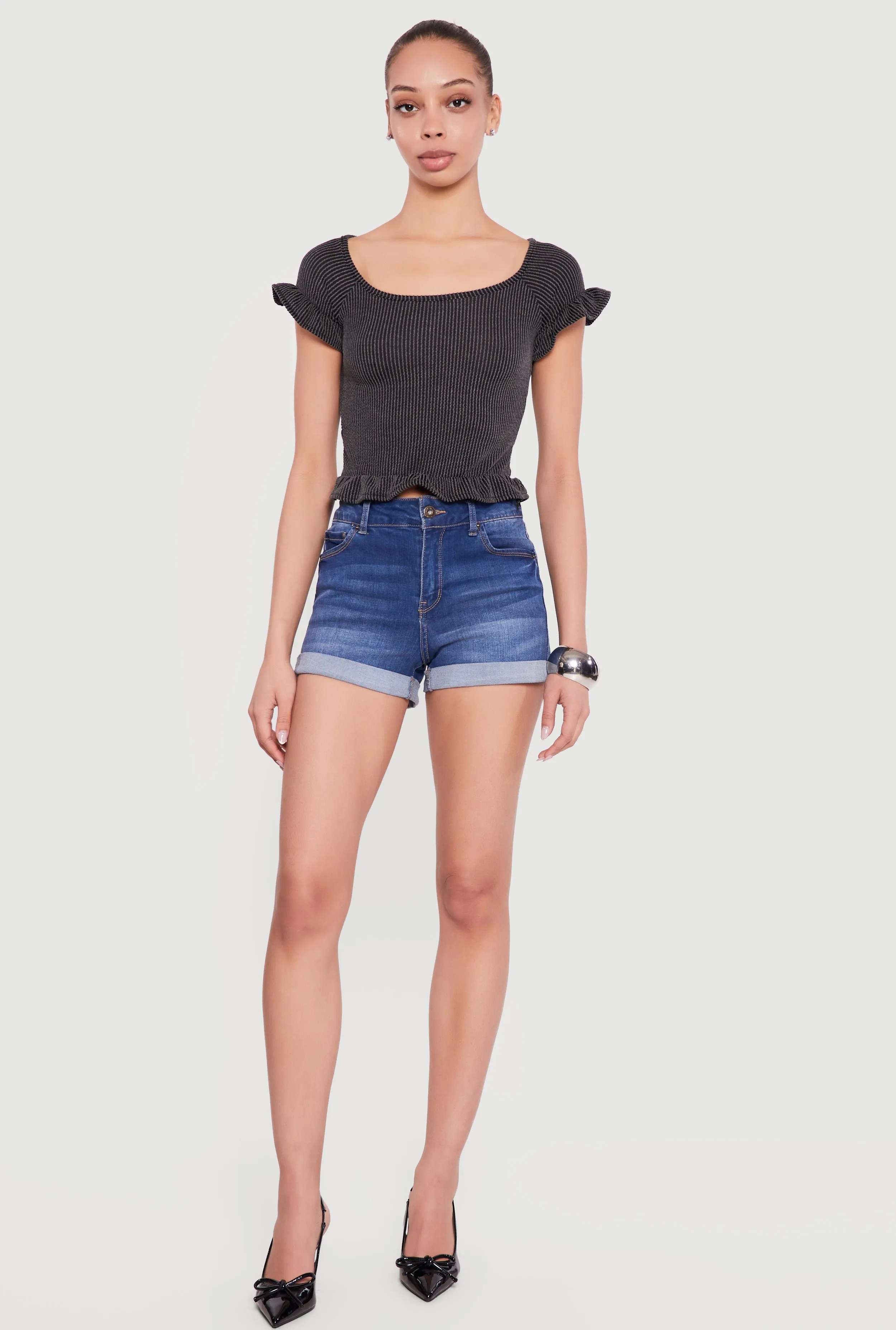 Ribbed Knit Ruffled Hem Scoop Neck Top sold by Rainbow