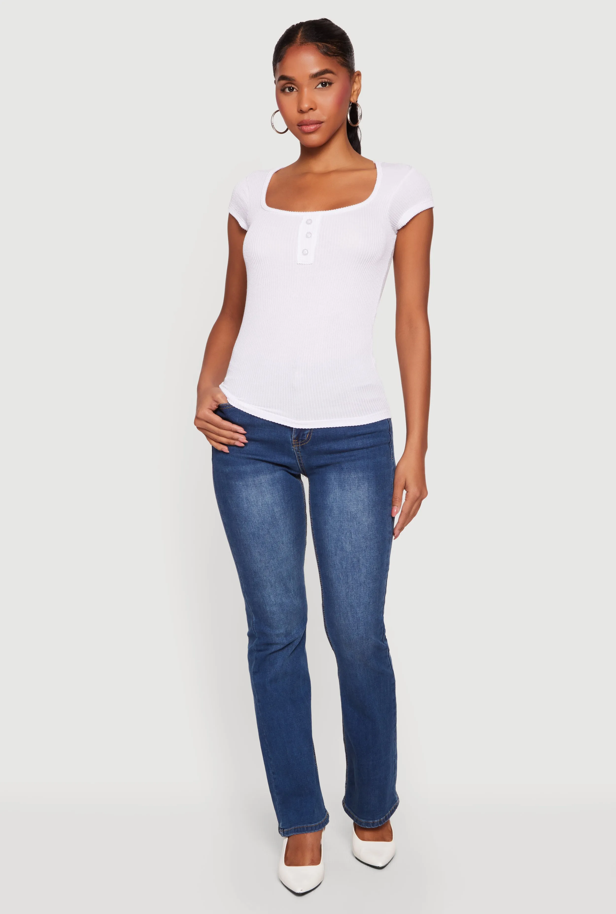 Ribbed Knit Cap Sleeve Scoop Neck Top sold by Rainbow