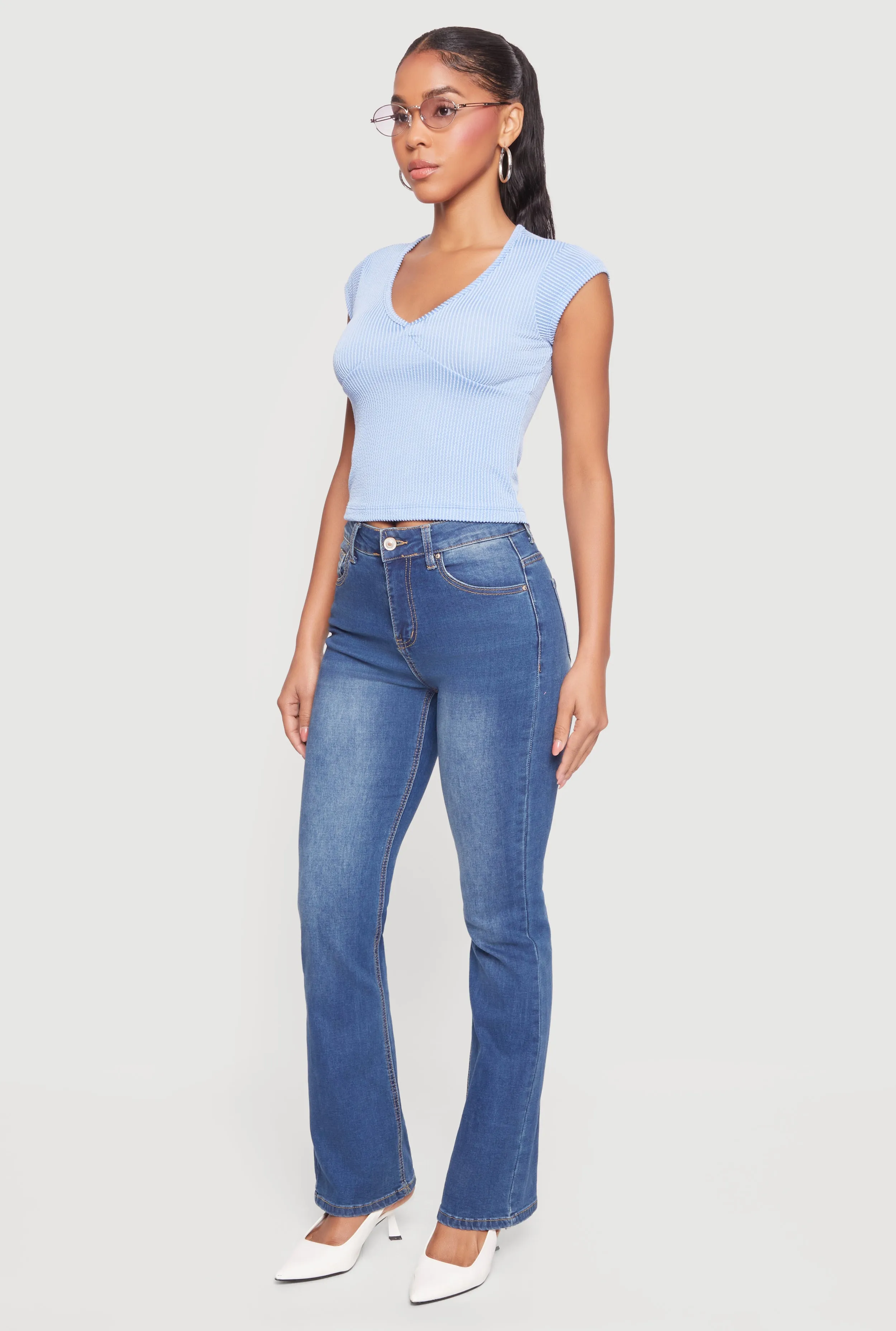 Ribbed Knit V Neck Cap Sleeve Crop Top sold by Rainbow product image thumbnail 3