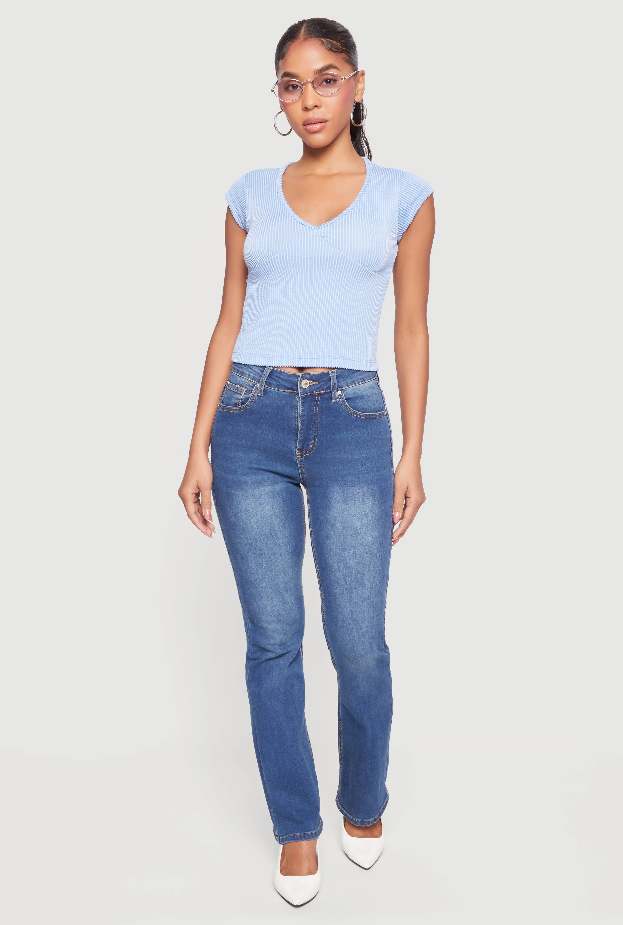 Ribbed Knit V Neck Cap Sleeve Crop Top sold by Rainbow