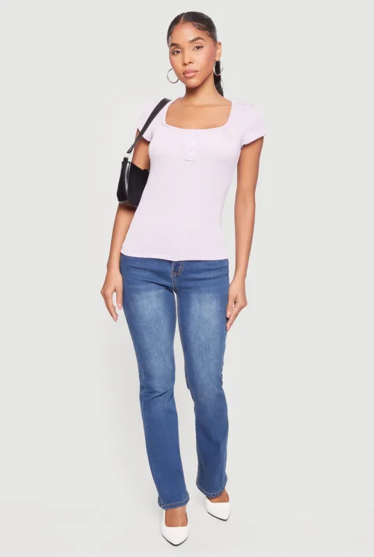 Ribbed Knit Cap Sleeve Scoop Neck Top sold by Rainbow