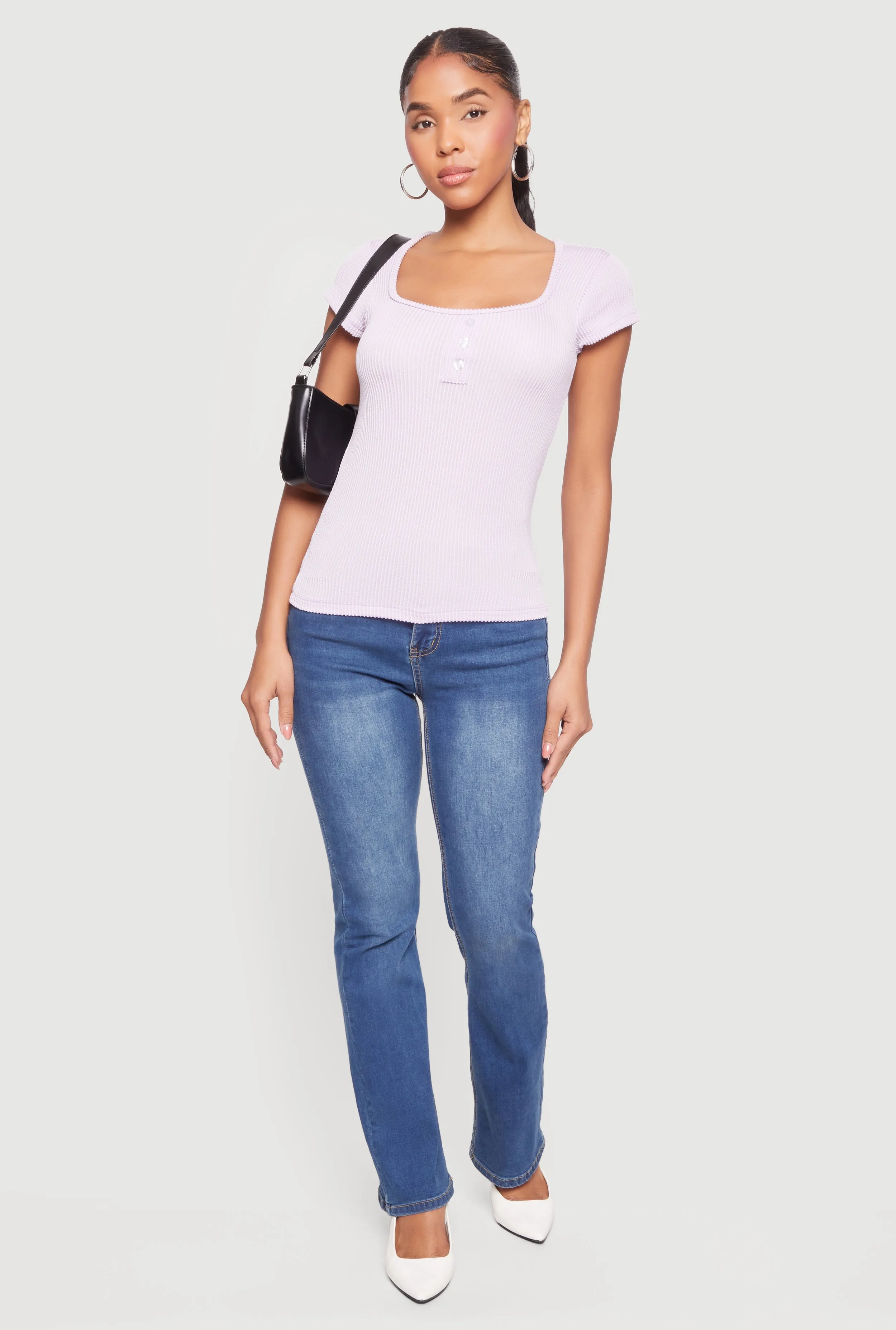 Ribbed Knit Cap Sleeve Scoop Neck Top sold by Rainbow