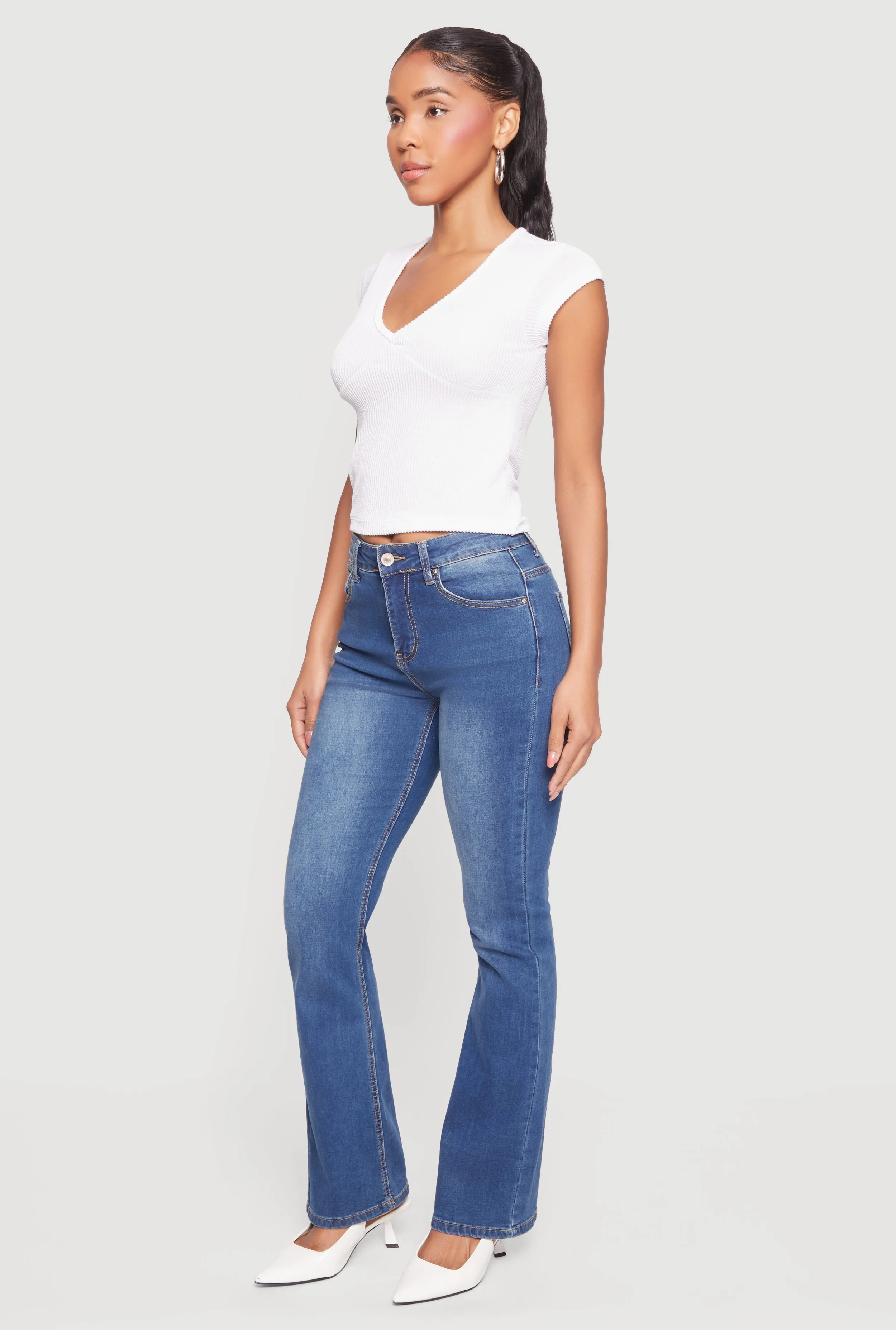 Ribbed Knit V Neck Cap Sleeve Crop Top sold by Rainbow product image thumbnail 3