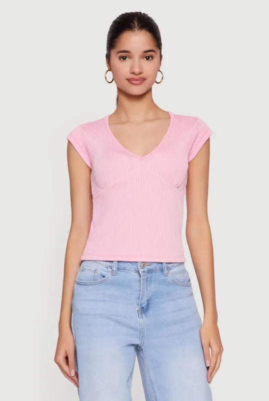 Ribbed Knit V Neck Cap Sleeve Crop Top sold by Rainbow