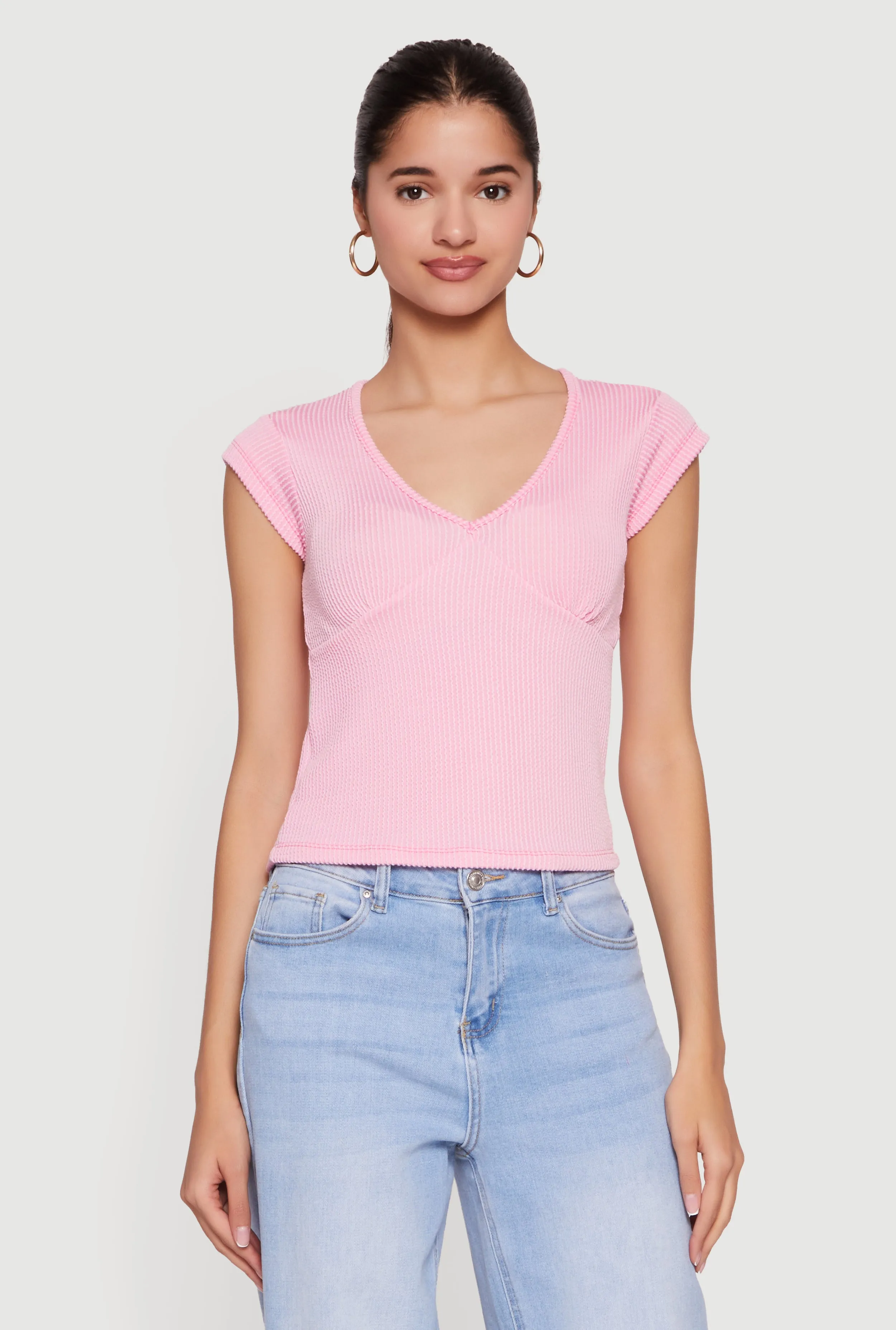 Ribbed Knit V Neck Cap Sleeve Crop Top sold by Rainbow