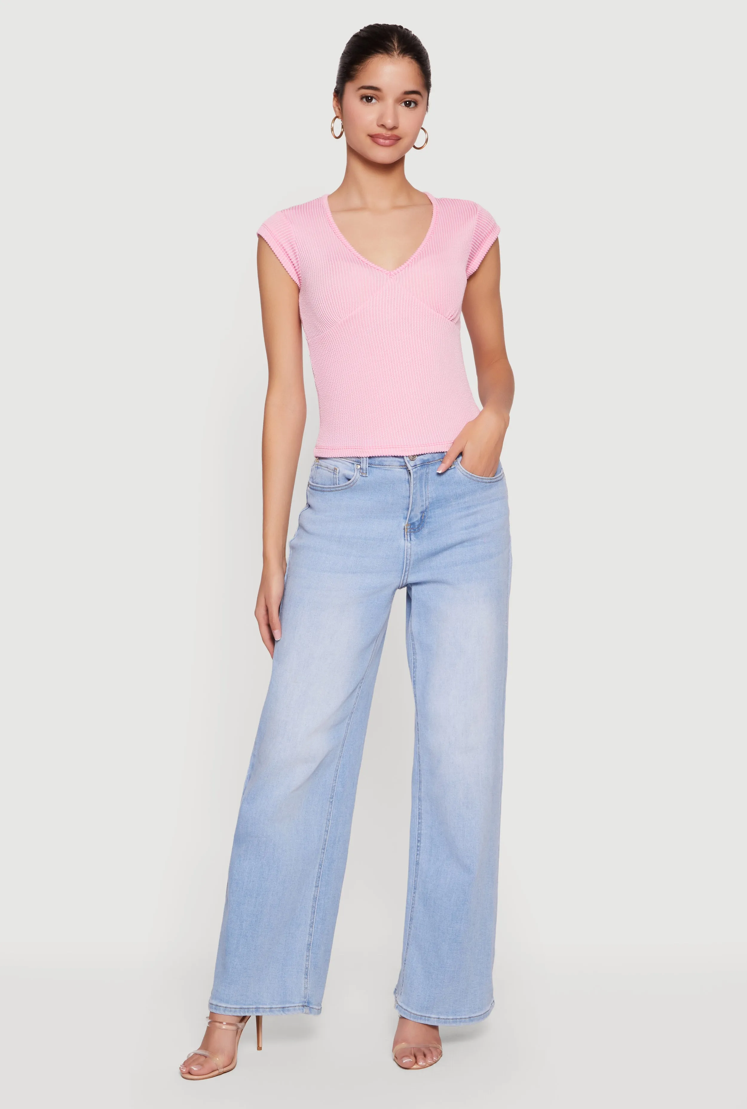 Ribbed Knit V Neck Cap Sleeve Crop Top sold by Rainbow product image thumbnail 2