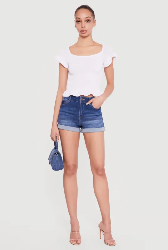 Ribbed Knit Ruffled Hem Scoop Neck Top sold by Rainbow