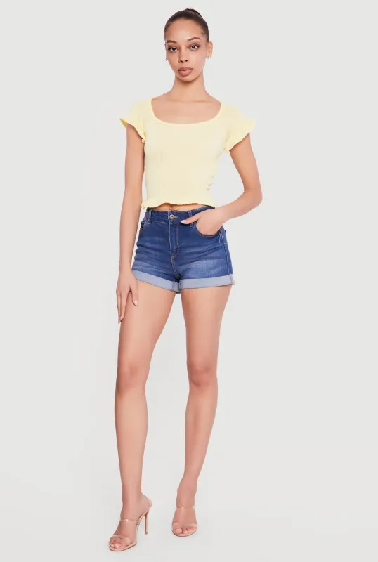 Ribbed Knit Ruffled Hem Scoop Neck Top sold by Rainbow