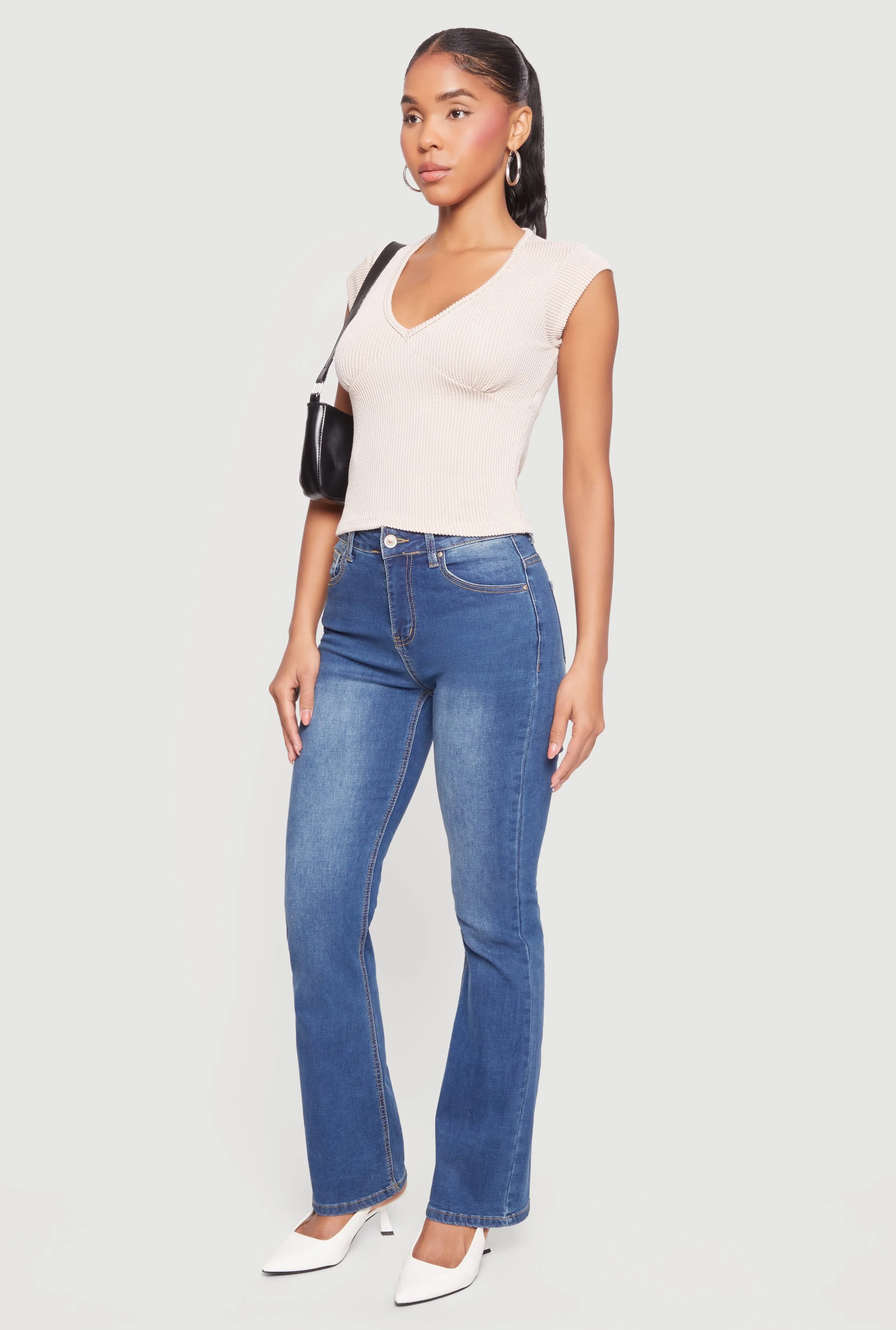 Ribbed Knit V Neck Cap Sleeve Crop Top sold by Rainbow product image thumbnail 3
