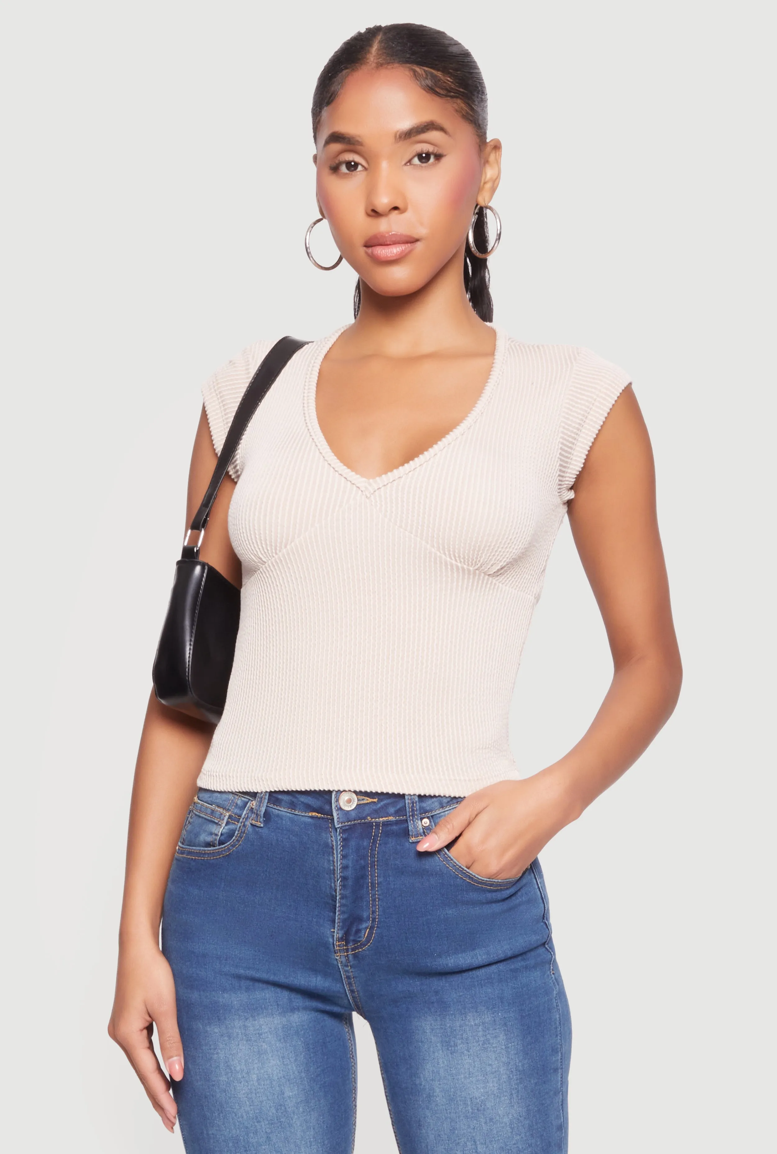 Ribbed Knit V Neck Cap Sleeve Crop Top sold by Rainbow product image thumbnail 2