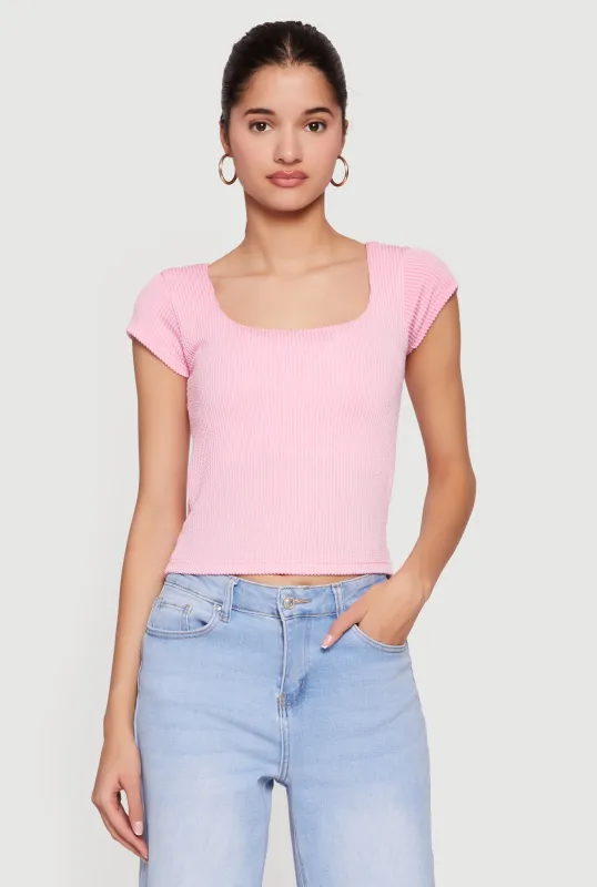 Rib Knit Cap Sleeve Square Neck Crop Top sold by Rainbow