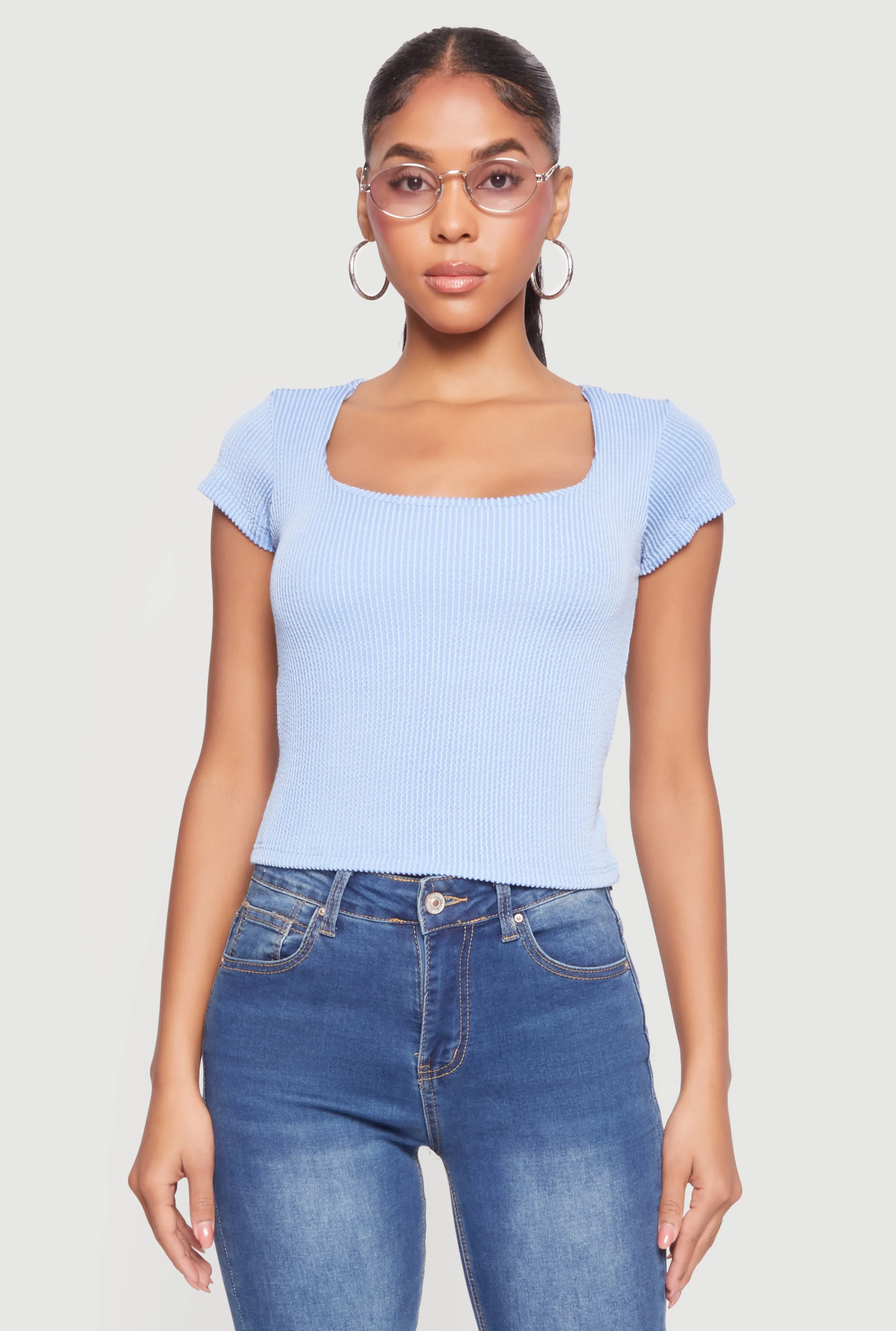 Rib Knit Cap Sleeve Square Neck Crop Top sold by Rainbow product image thumbnail 2
