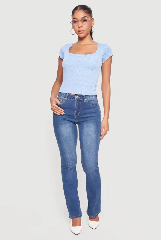 Rib Knit Cap Sleeve Square Neck Crop Top sold by Rainbow