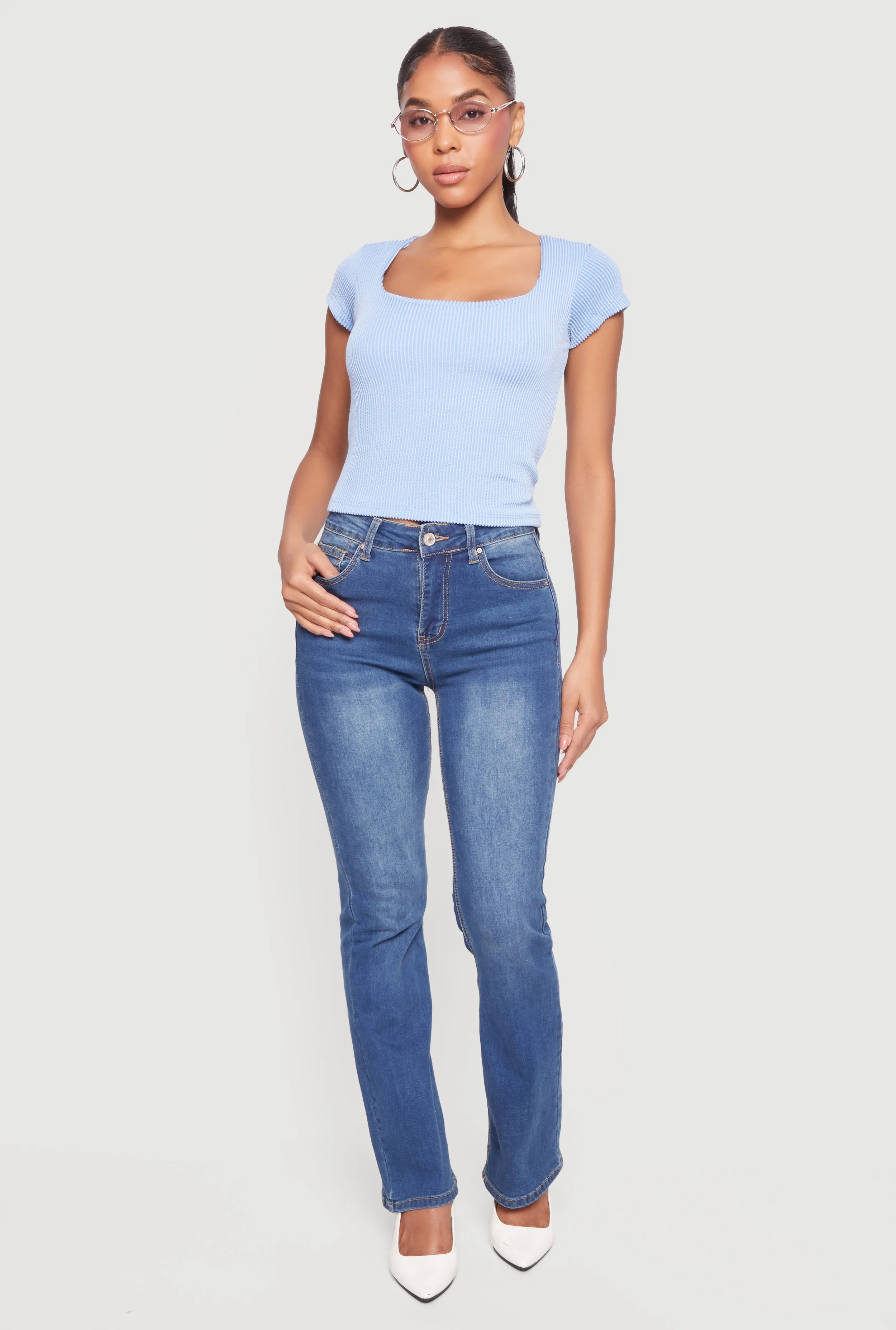 Rib Knit Cap Sleeve Square Neck Crop Top sold by Rainbow