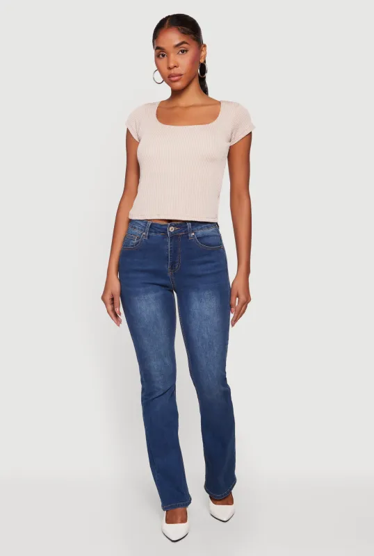 Rib Knit Cap Sleeve Square Neck Crop Top sold by Rainbow