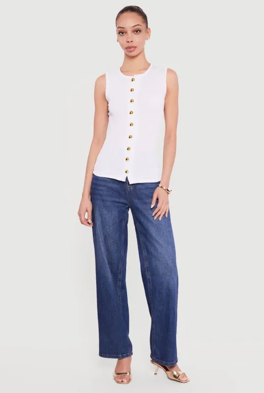 Sleeveless Button Front Crew Neck Top sold by Rainbow