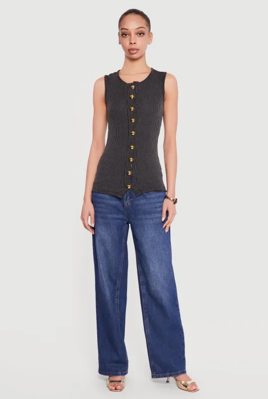 Sleeveless Button Front Crew Neck Top made by Rainbow