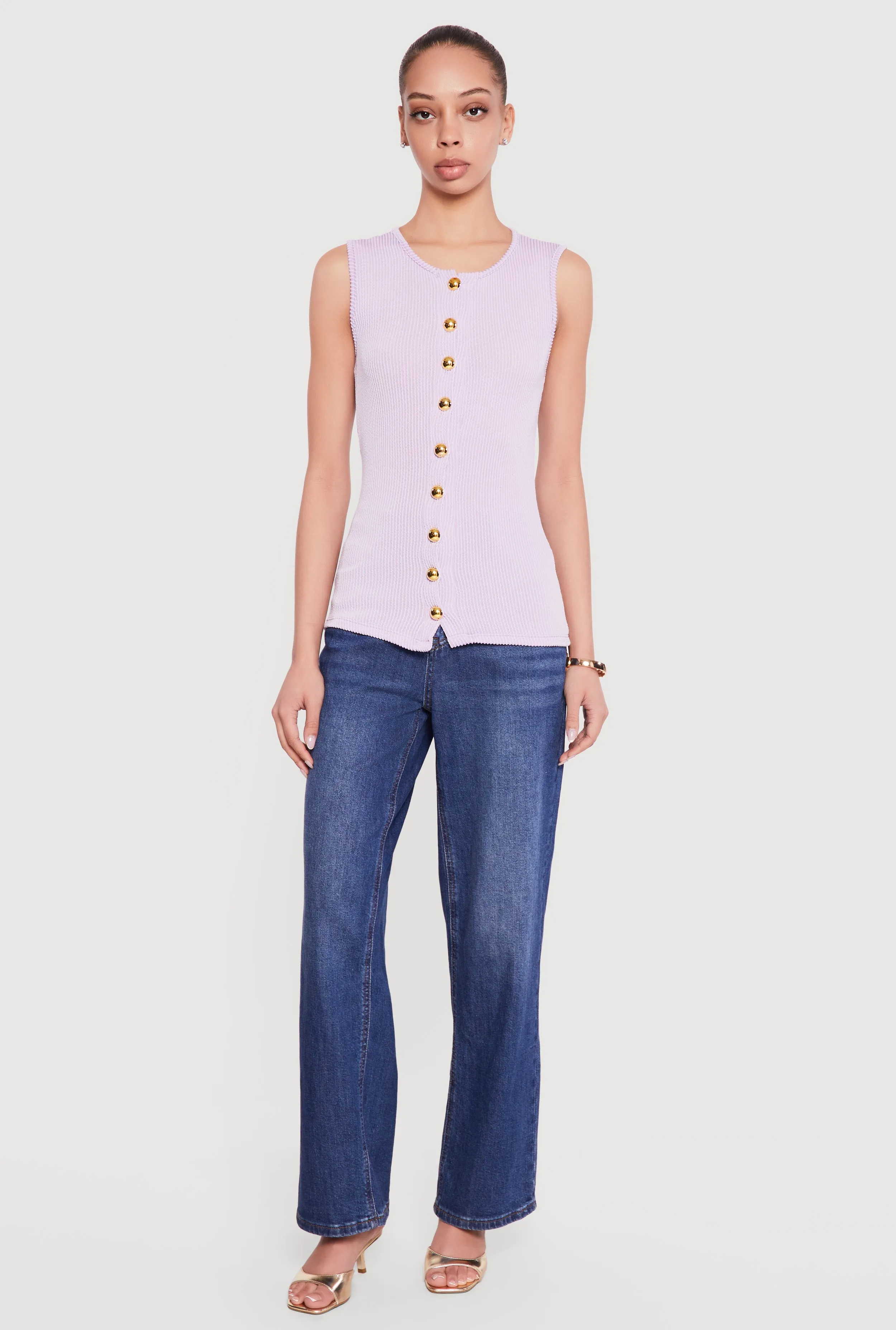 Sleeveless Button Front Crew Neck Top sold by Rainbow