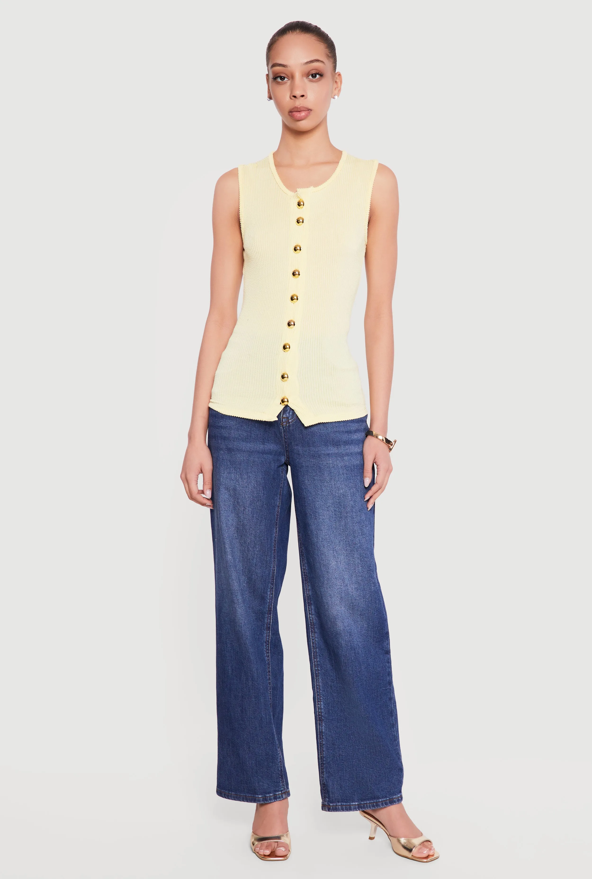 Sleeveless Button Front Crew Neck Top sold by Rainbow