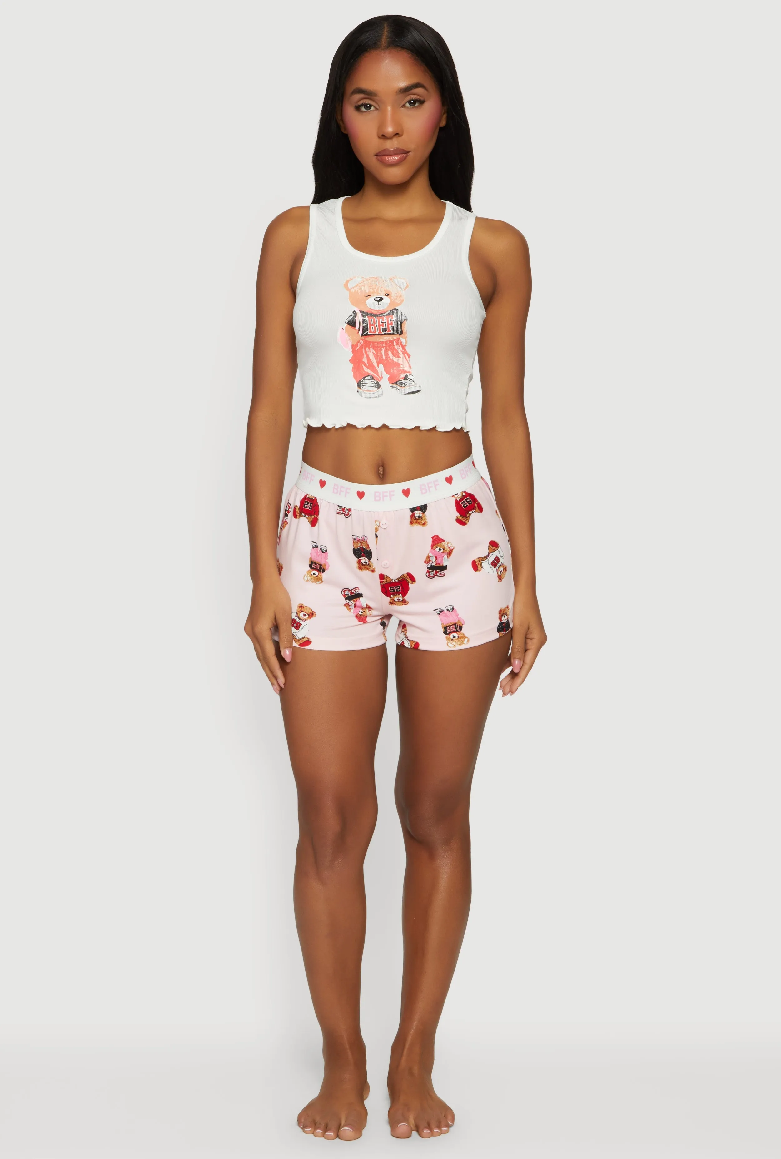 Teddy Bear Graphic Pajama Crop Top and Shorts sold by Rainbow