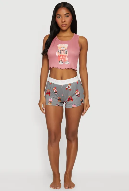 Teddy Bear Graphic Pajama Crop Top and Shorts sold by Rainbow