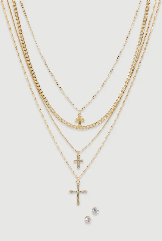 Cross Layered Chain Necklace and Stud Earrings Set sold by Rainbow
