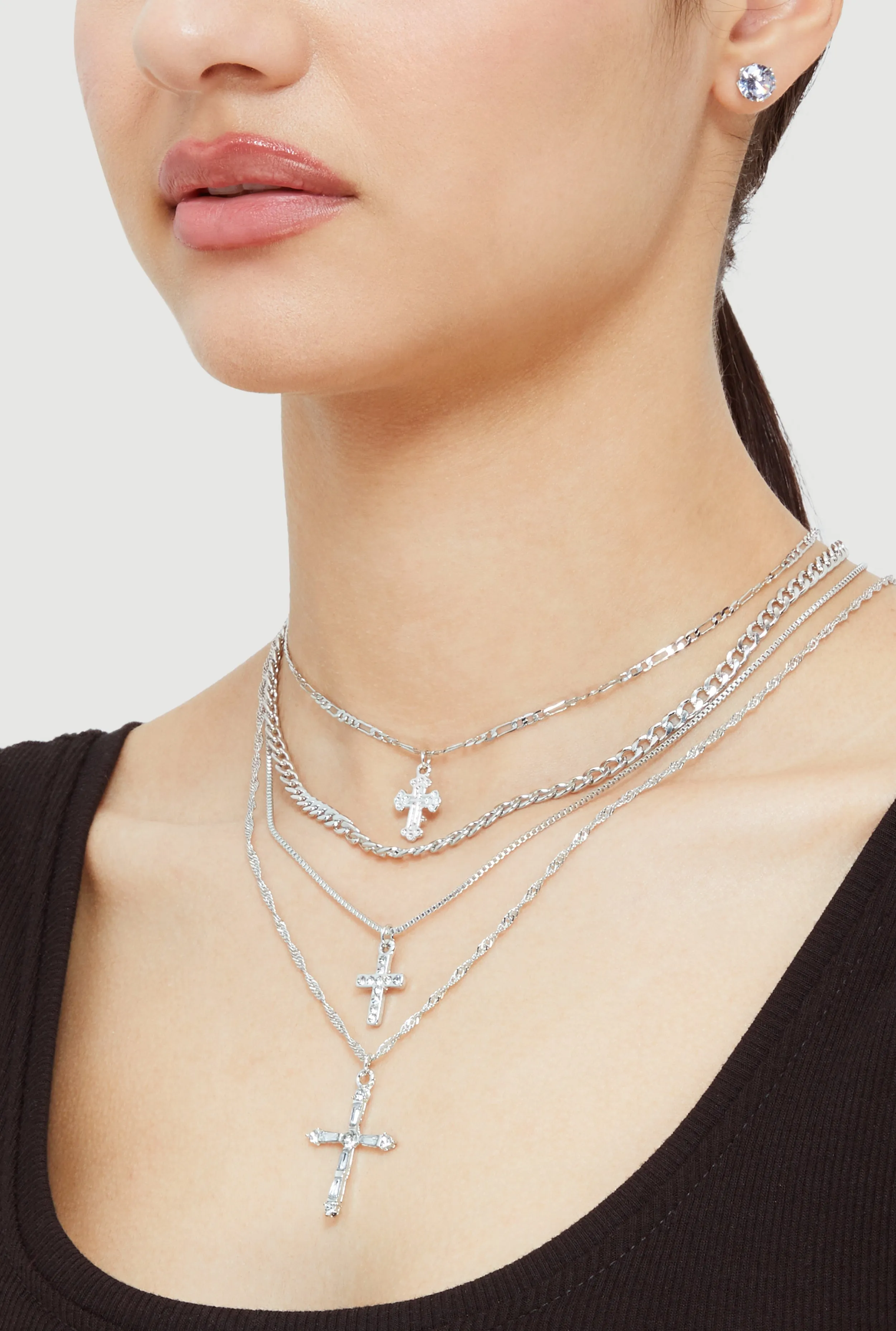 Cross Layered Chain Necklace and Stud Earrings Set sold by Rainbow product image thumbnail 2