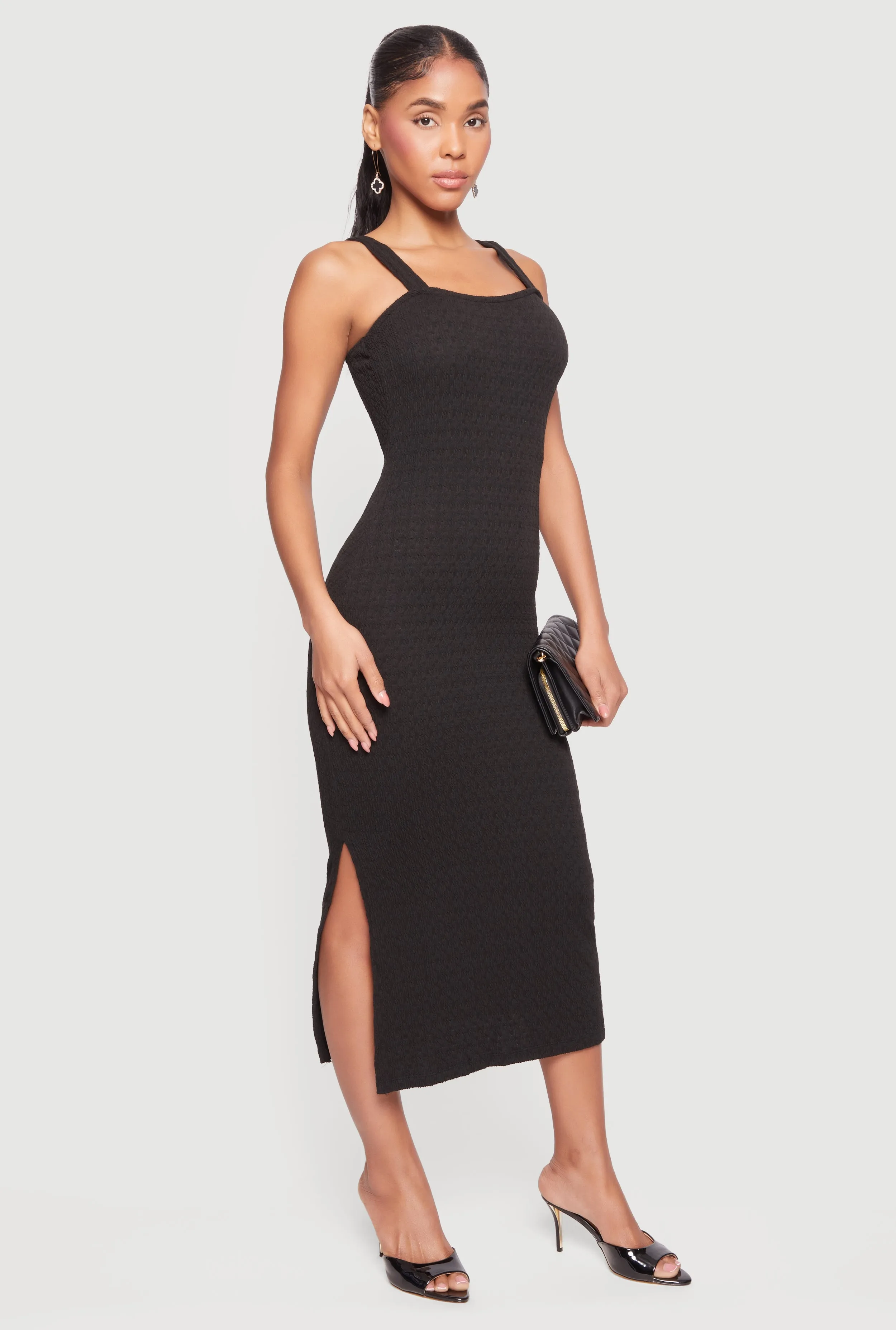 Textured Knit Square Neck Side Slit Midi Dress sold by Rainbow