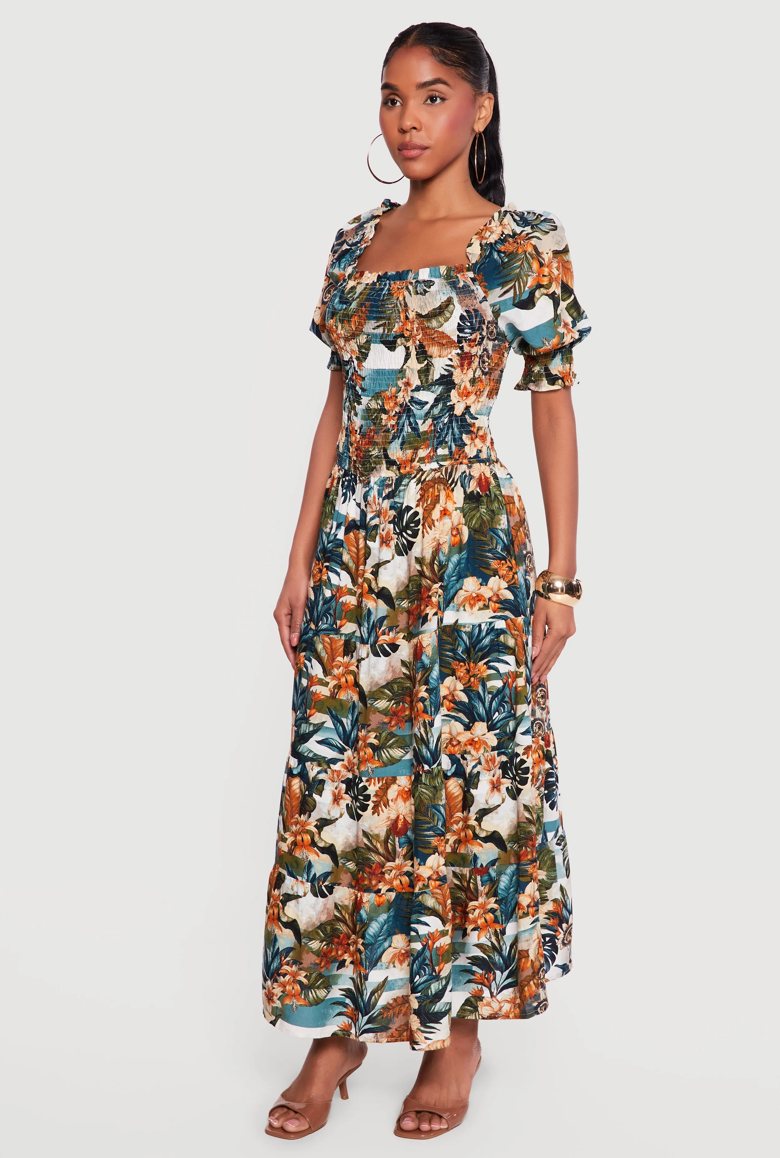 Tropical Floral Puff Sleeve Square Neck Tiered Maxi Dress sold by Rainbow product image thumbnail 2