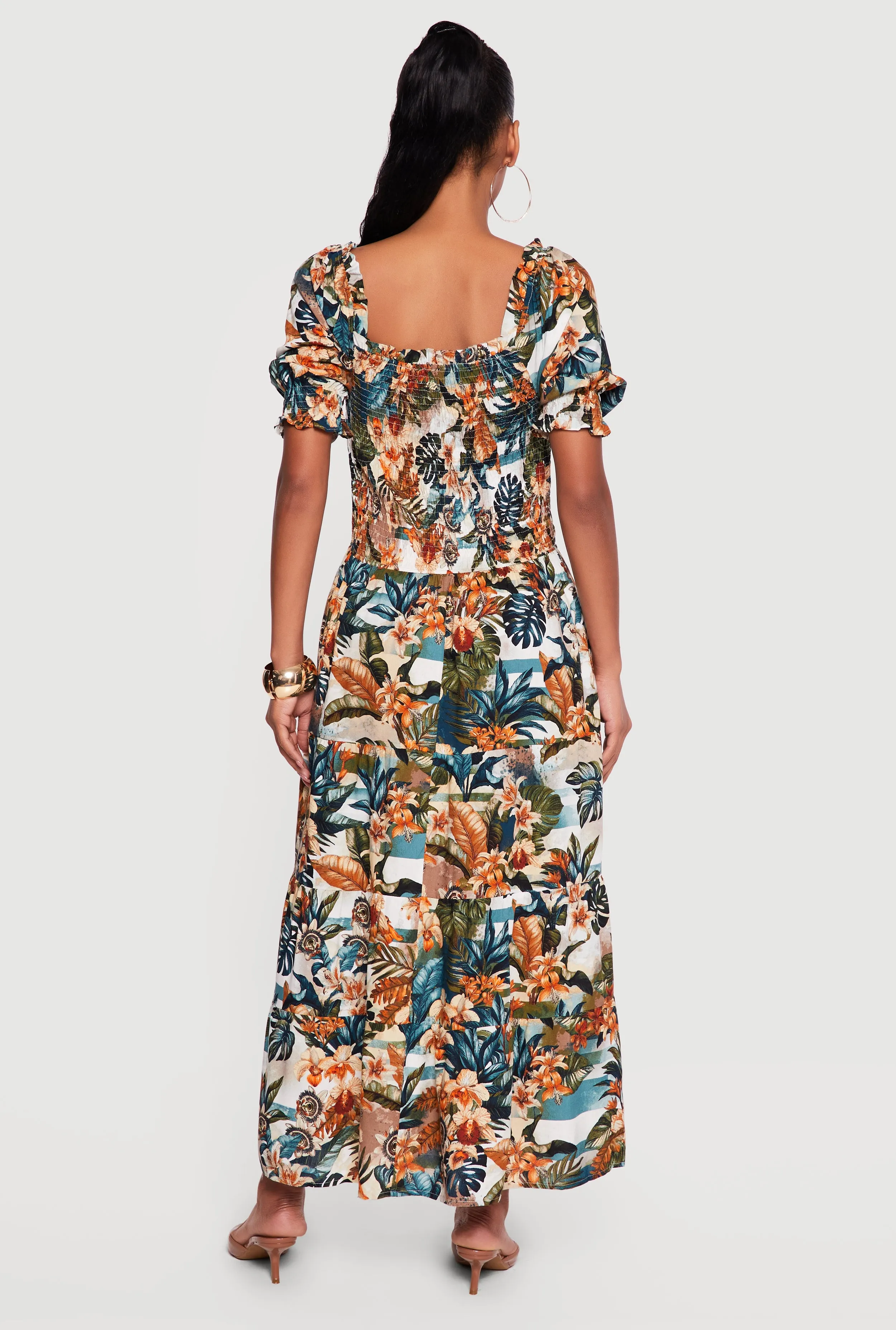 Tropical Floral Puff Sleeve Square Neck Tiered Maxi Dress sold by Rainbow product image thumbnail 3