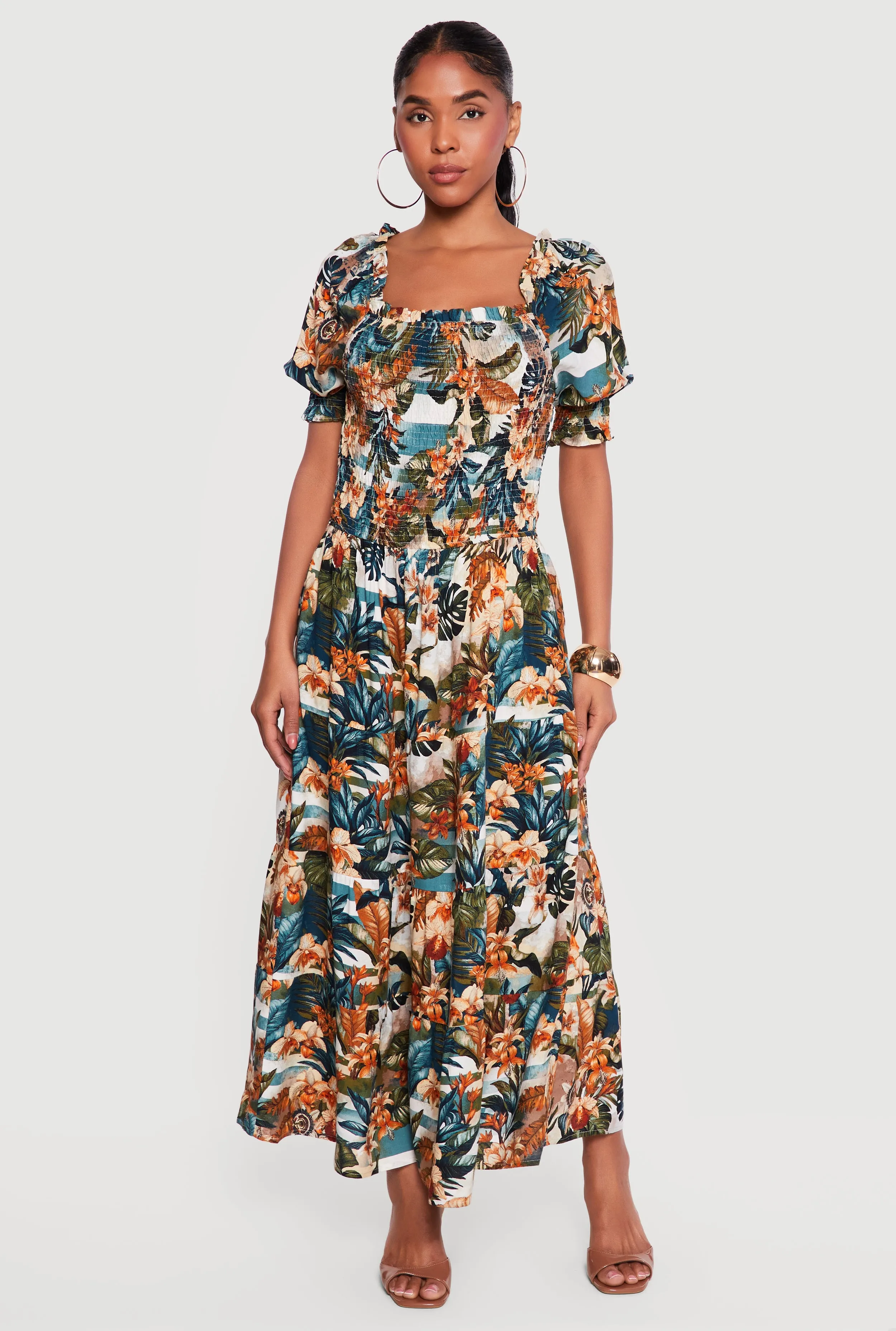 Tropical Floral Puff Sleeve Square Neck Tiered Maxi Dress sold by Rainbow