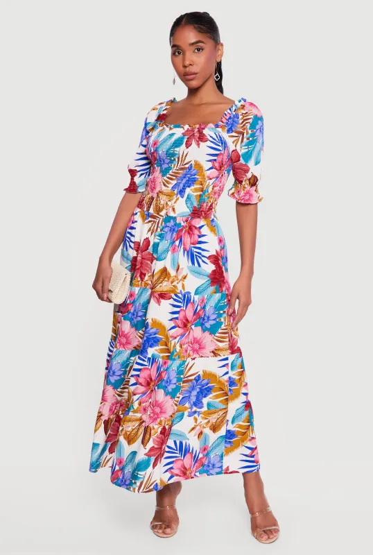 Floral Puff Sleeve Square Neck Tiered Maxi Dress sold by Rainbow