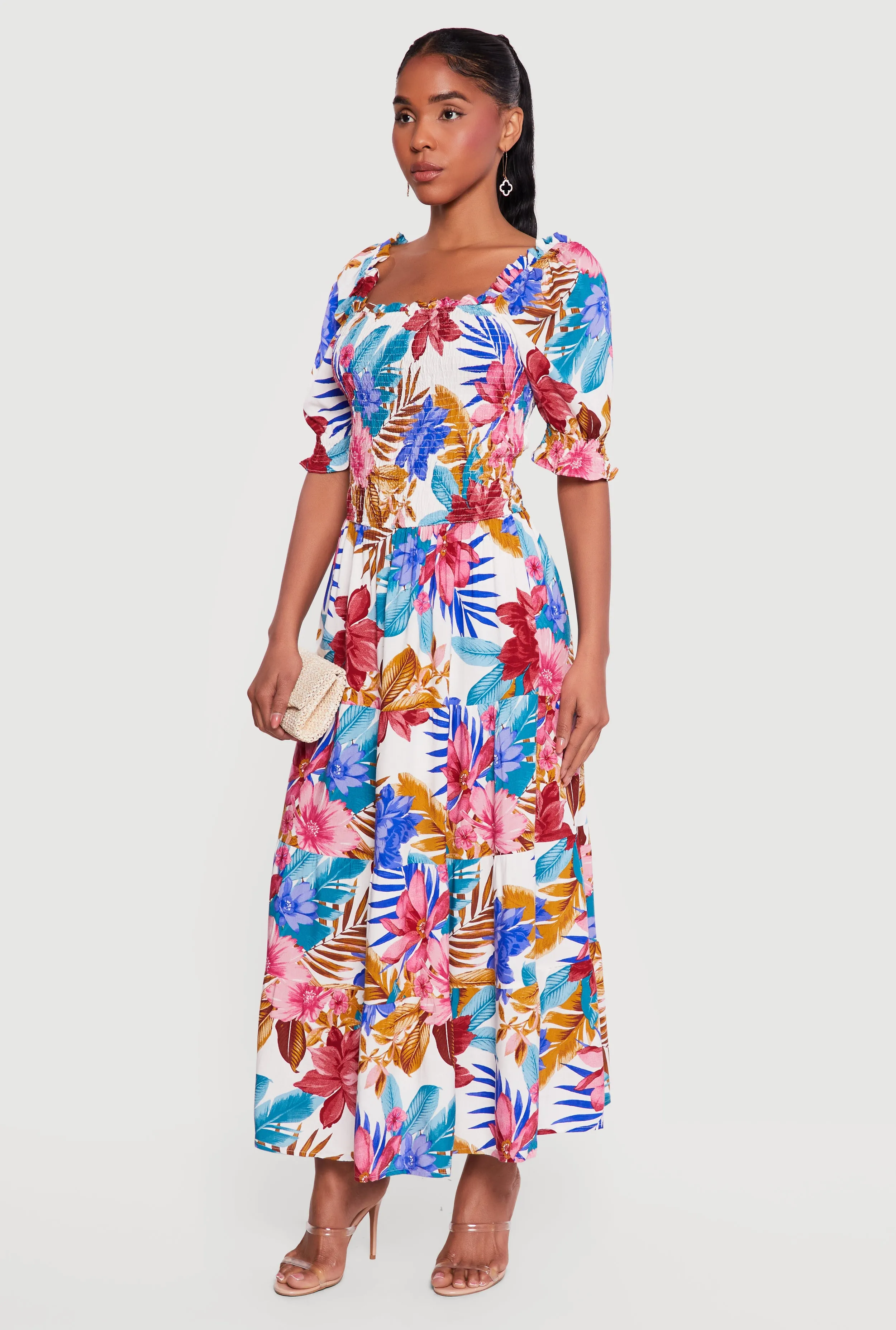 Floral Puff Sleeve Square Neck Tiered Maxi Dress sold by Rainbow product image thumbnail 2