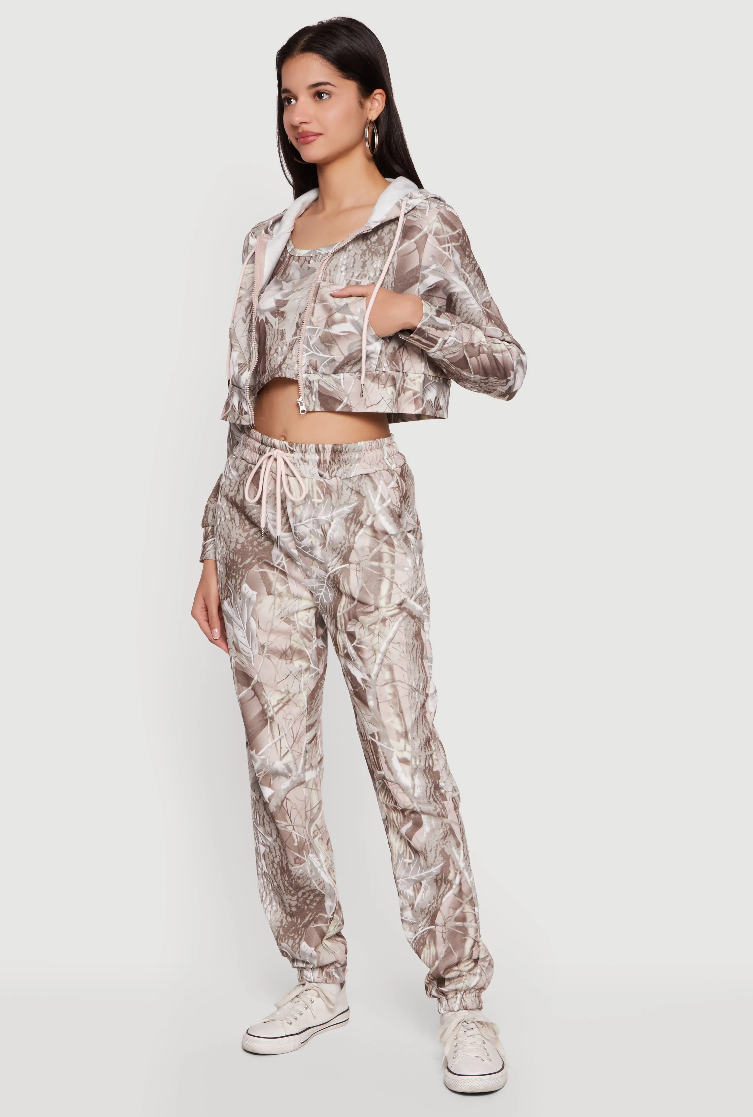 Tree Camo Cropped Zip Front Hoodie and Cropped Cami Set sold by Rainbow product image thumbnail 3