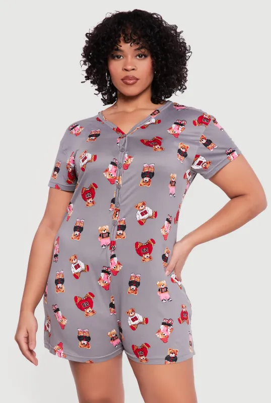 Plus Size Teddy Bear Print Pajama Romper sold by Rainbow