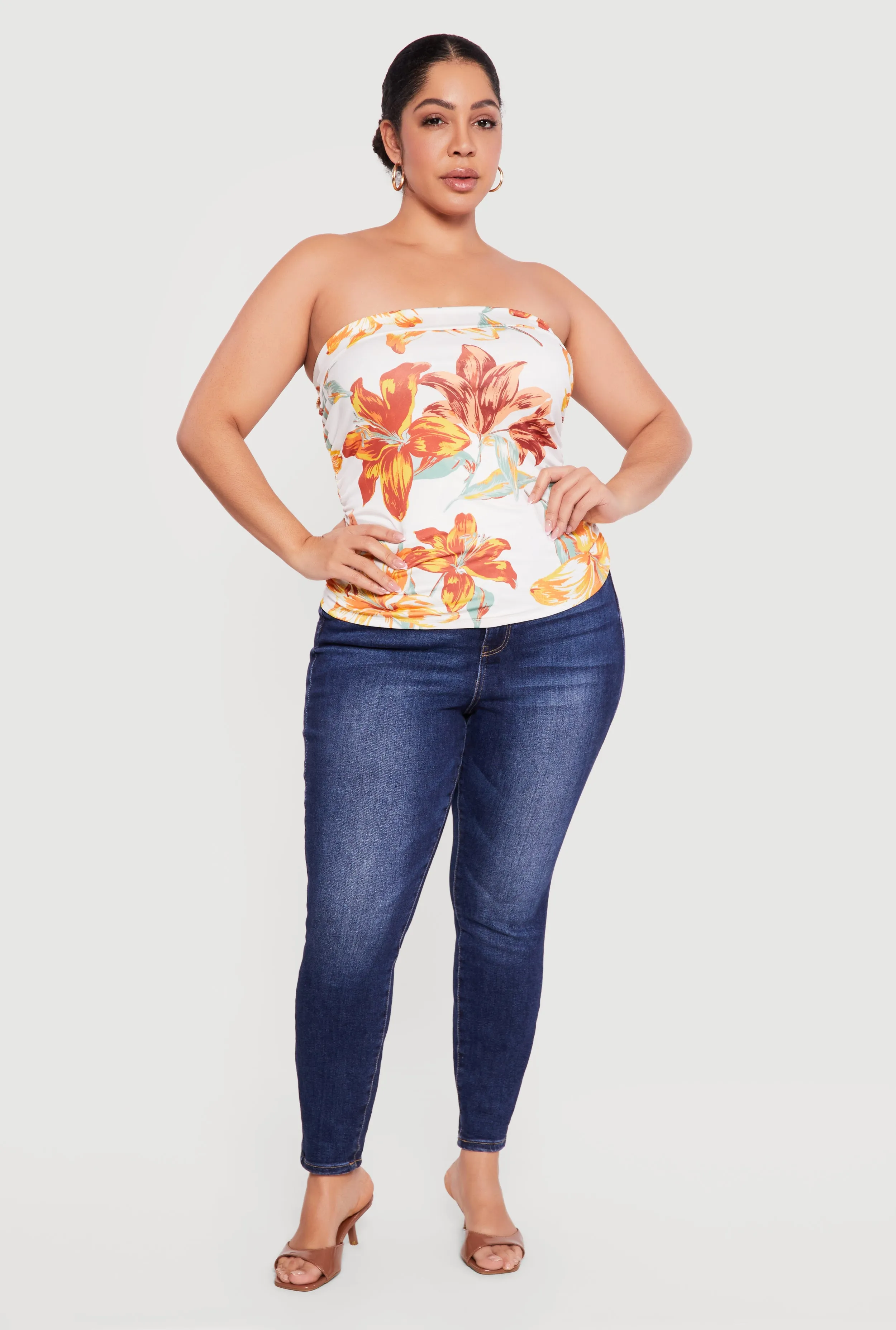 Plus Size Floral Print Side Ruched Tube Top sold by Rainbow